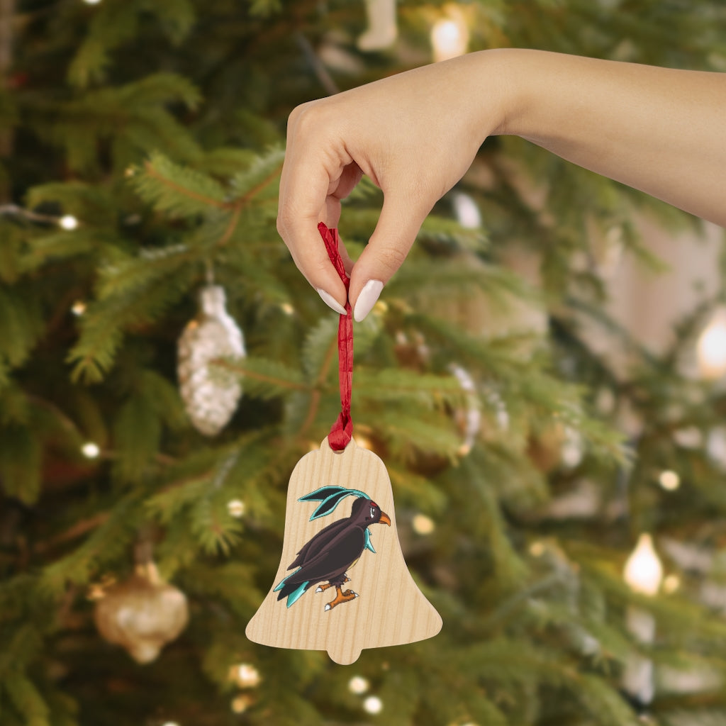 Birdam Wooden Christmas Ornaments featuring six whimsical shapes, crafted from solid wood with a red ribbon and magnetic back for versatile display.