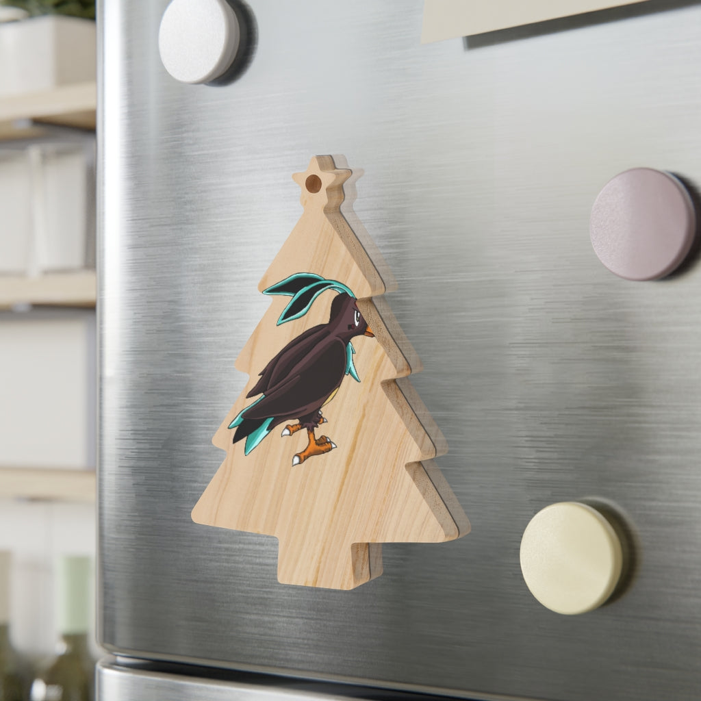 Birdam Wooden Christmas Ornaments featuring six whimsical shapes, crafted from solid wood with a red ribbon and magnetic back for versatile display.