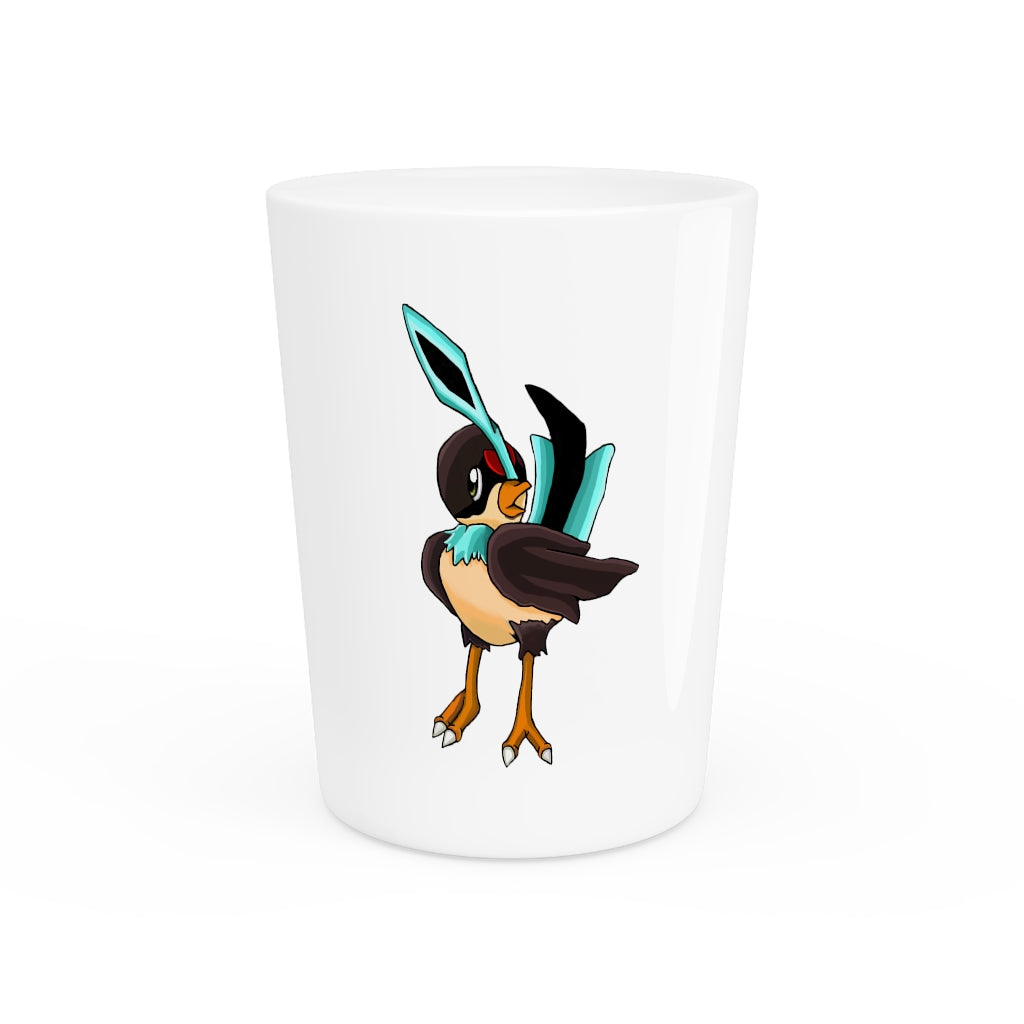 A personalized Birdi shot glass with a white ceramic exterior and customizable design, available in white or black interior.