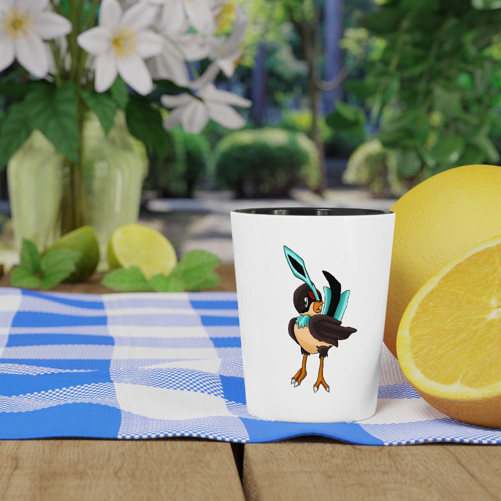 A personalized Birdi shot glass with a white ceramic exterior and customizable design, available in white or black interior.