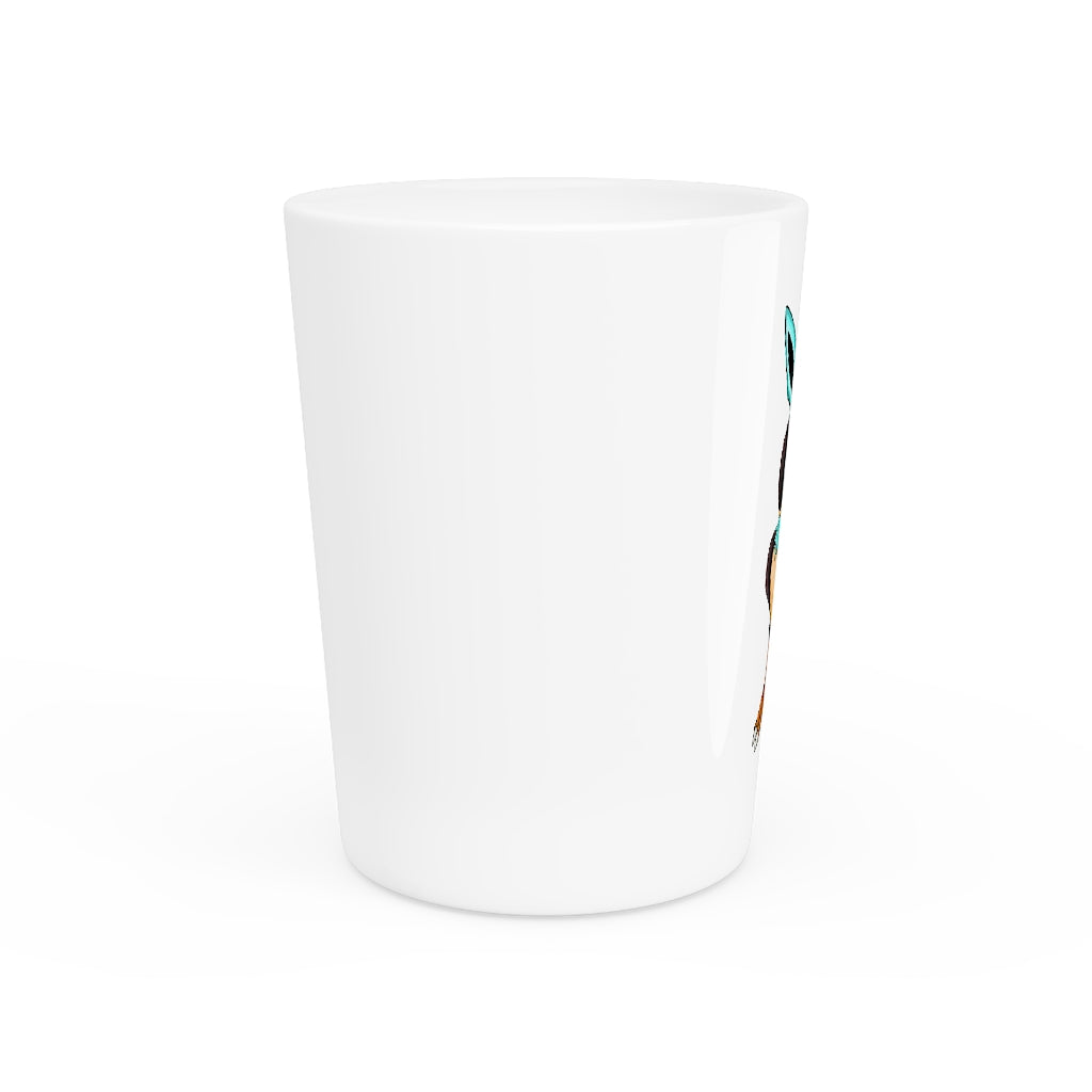 A personalized Birdi shot glass with a white ceramic exterior and customizable design, available in white or black interior.