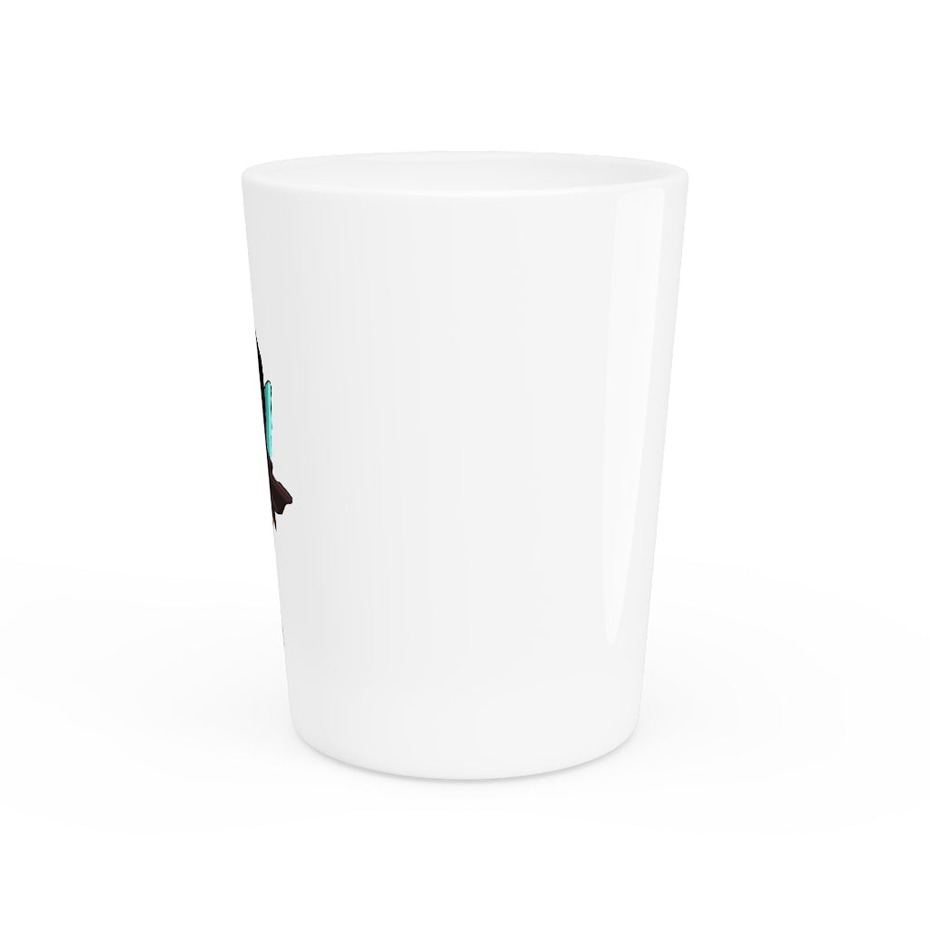 A personalized Birdi shot glass with a white ceramic exterior and customizable design, available in white or black interior.