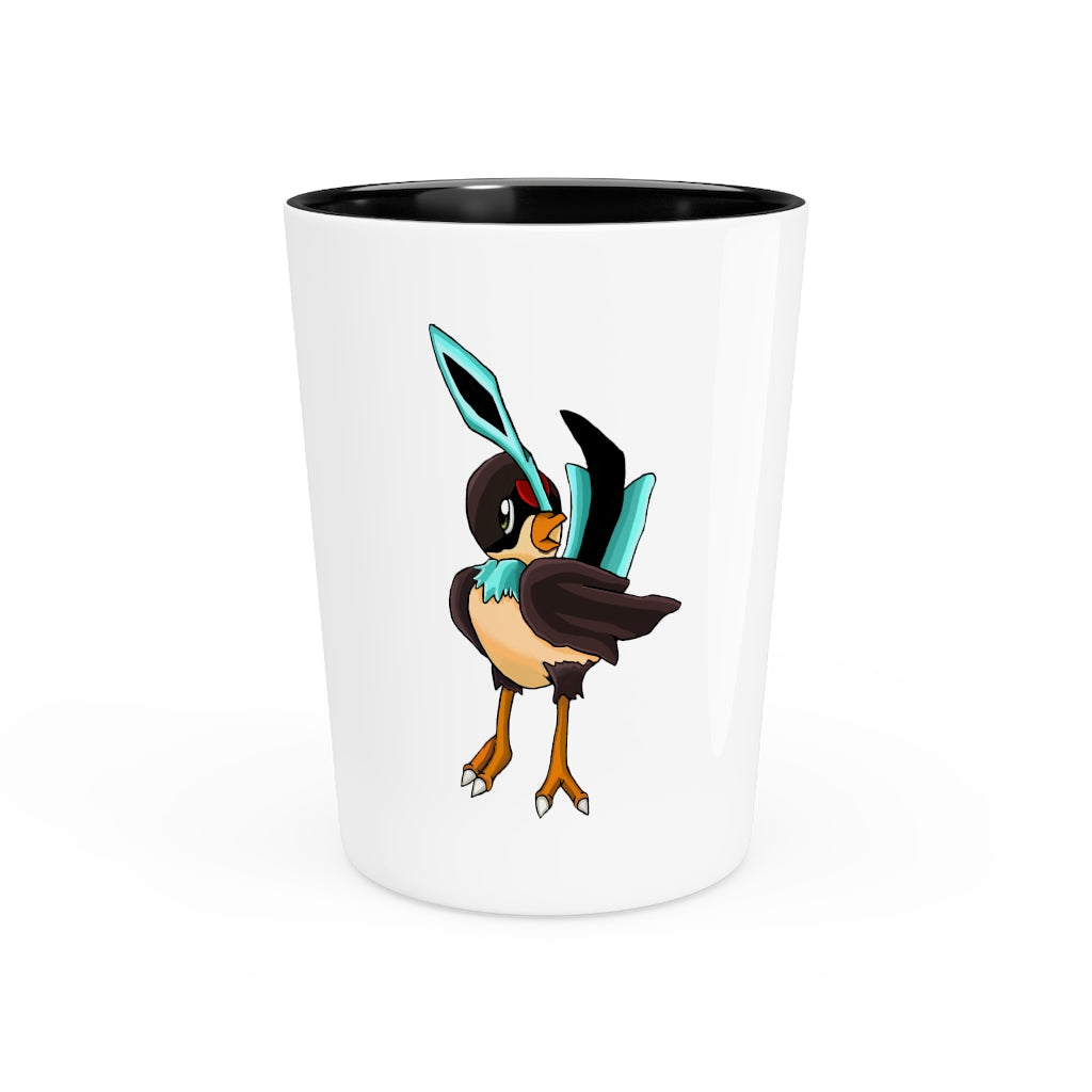 A personalized Birdi shot glass with a white ceramic exterior and customizable design, available in white or black interior.