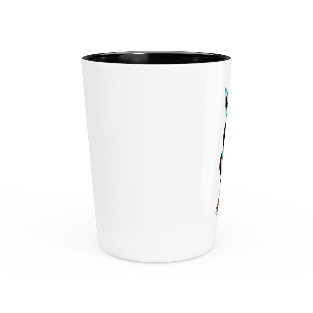 A personalized Birdi shot glass with a white ceramic exterior and customizable design, available in white or black interior.