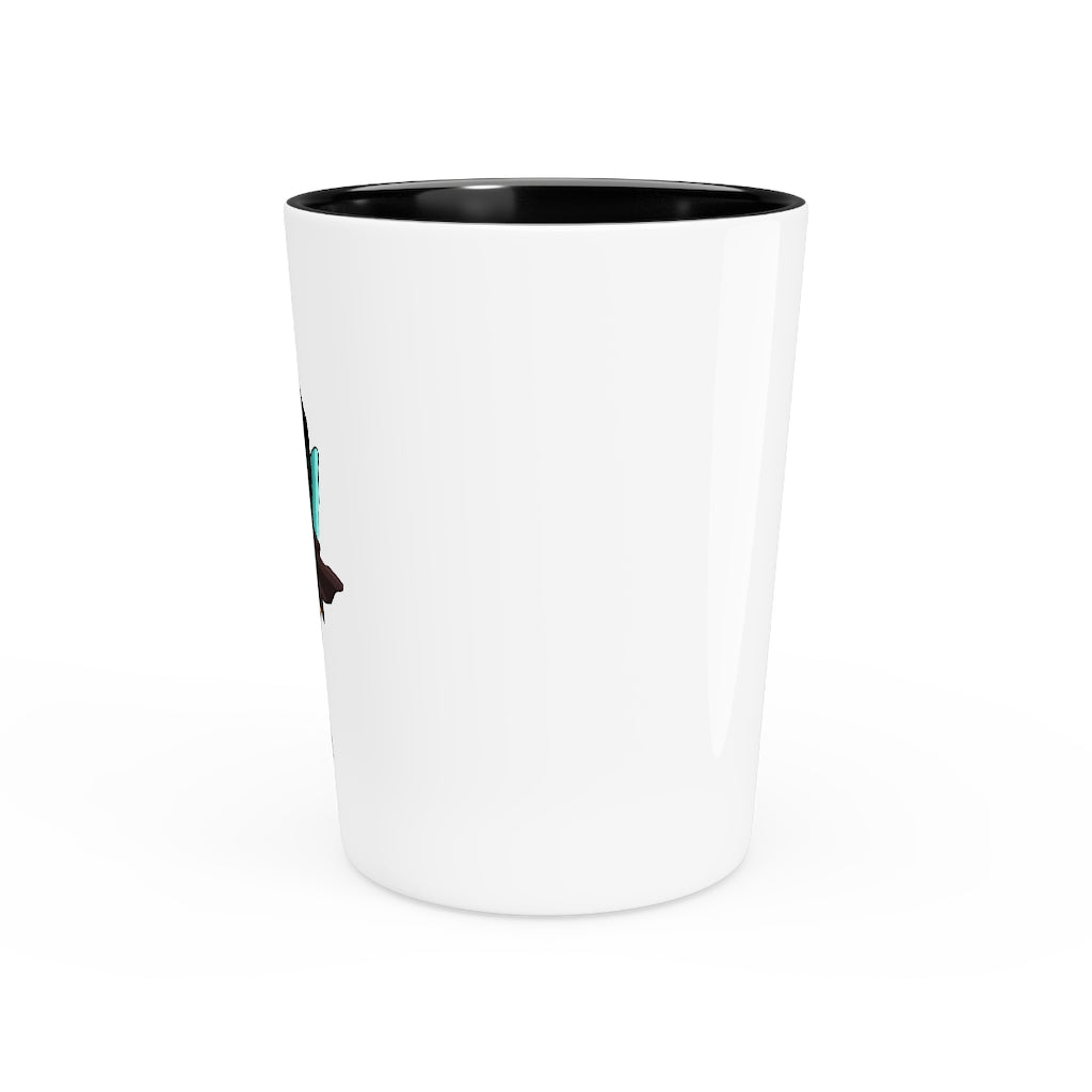 A personalized Birdi shot glass with a white ceramic exterior and customizable design, available in white or black interior.