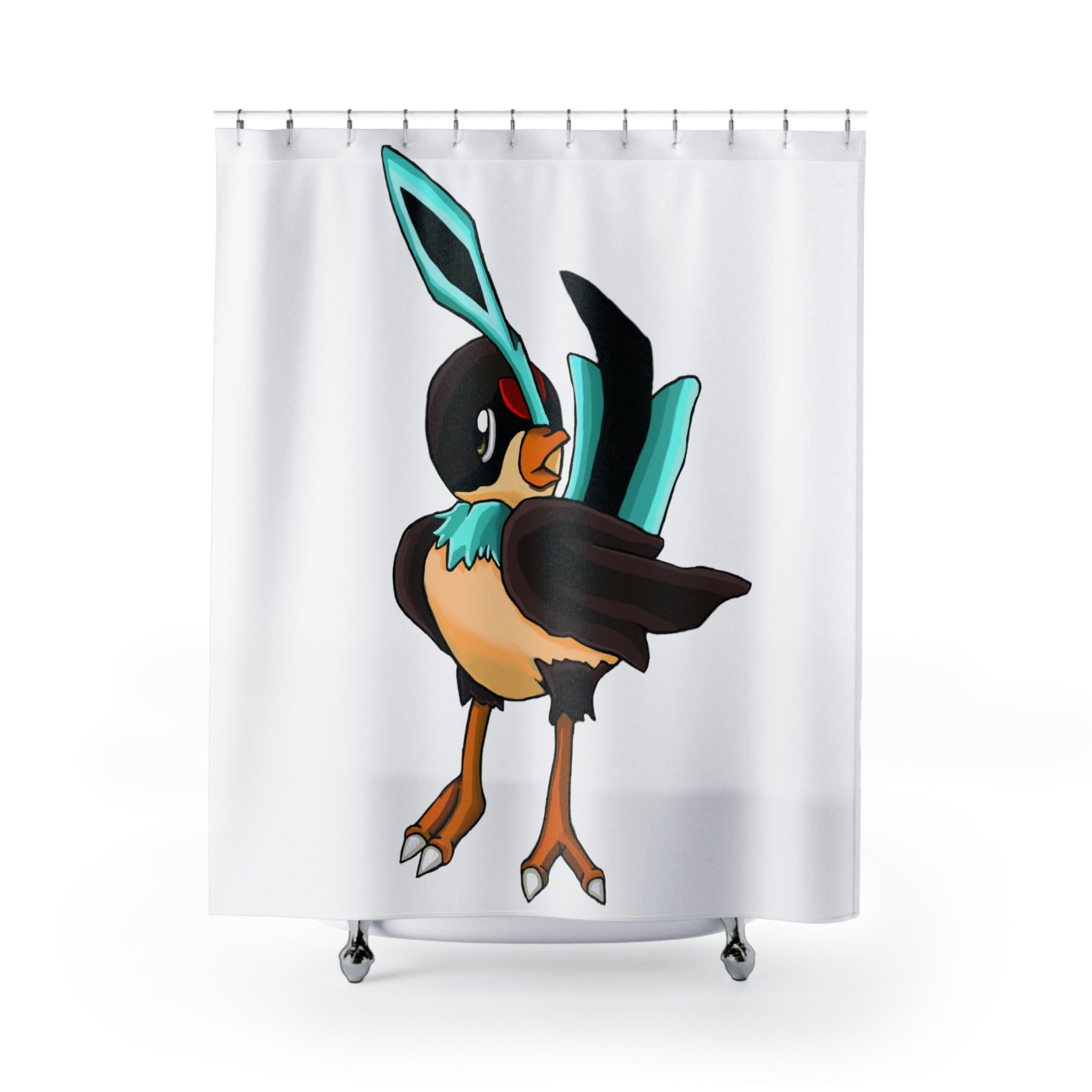 Birdi Shower Curtain featuring vibrant custom designs on durable polyester fabric, ideal for enhancing bathroom decor.