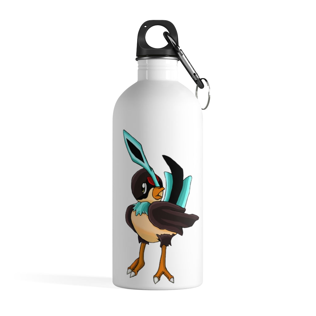 Birdi Stainless Steel Water Bottle with plastic screw top and carabiner, showcasing its sleek design and practical features.