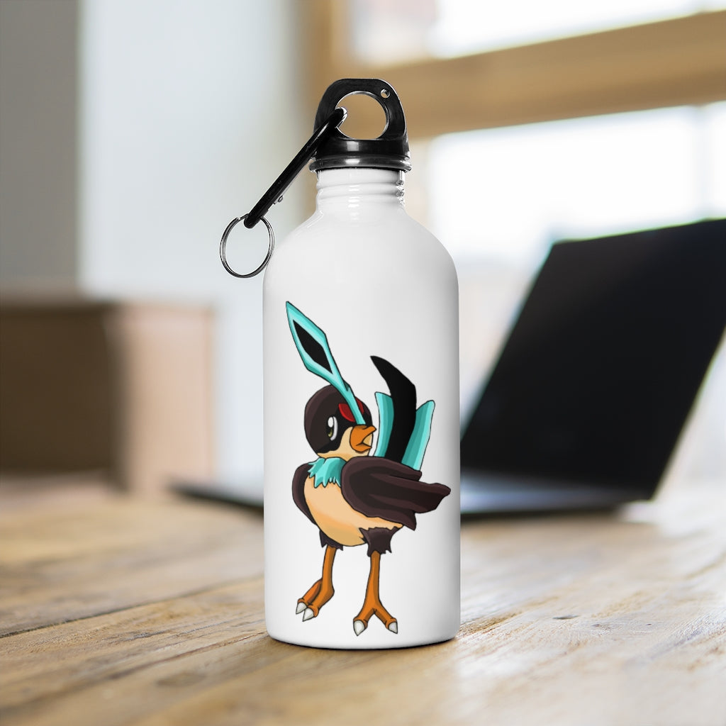 Birdi Stainless Steel Water Bottle with plastic screw top and carabiner, showcasing its sleek design and practical features.