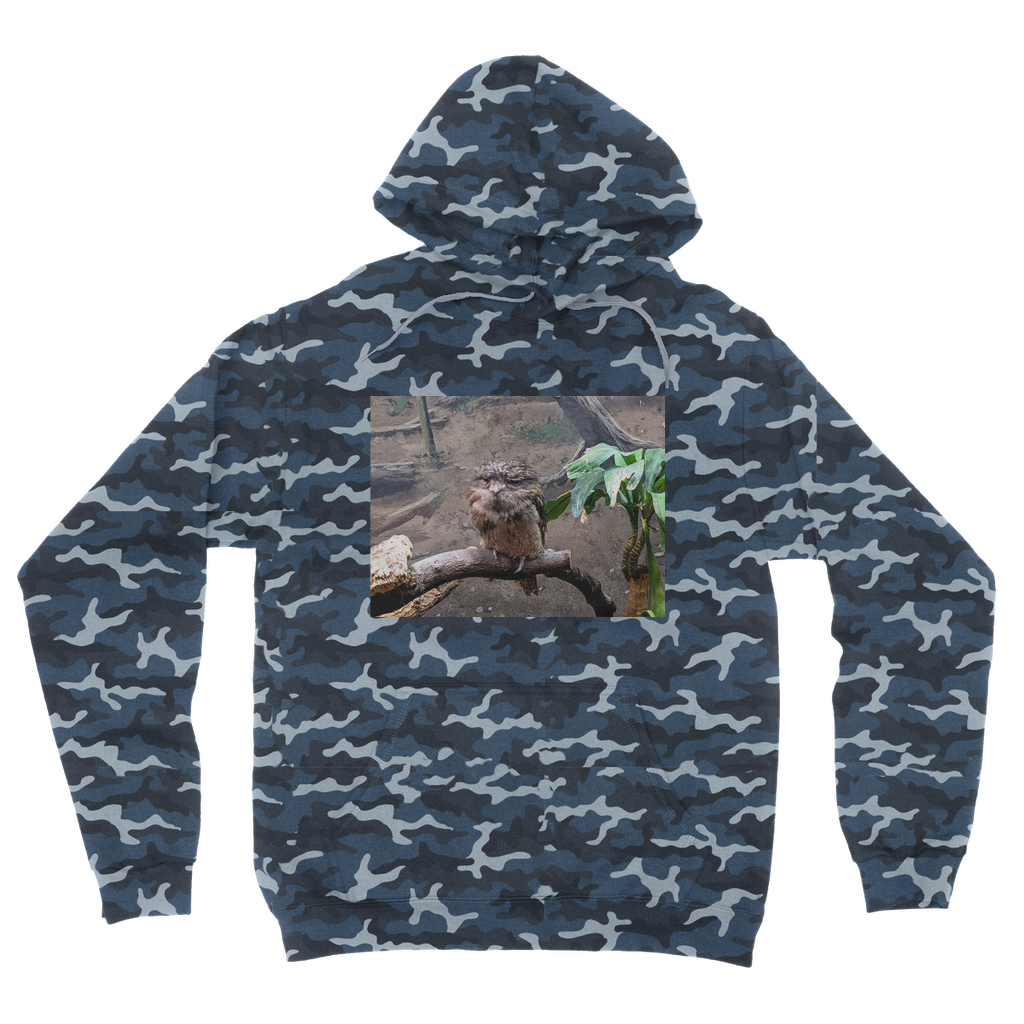 BirdOwl Camouflage Adult Hoodie featuring a classic camo print, kangaroo pouch pocket, and double fabric hood.