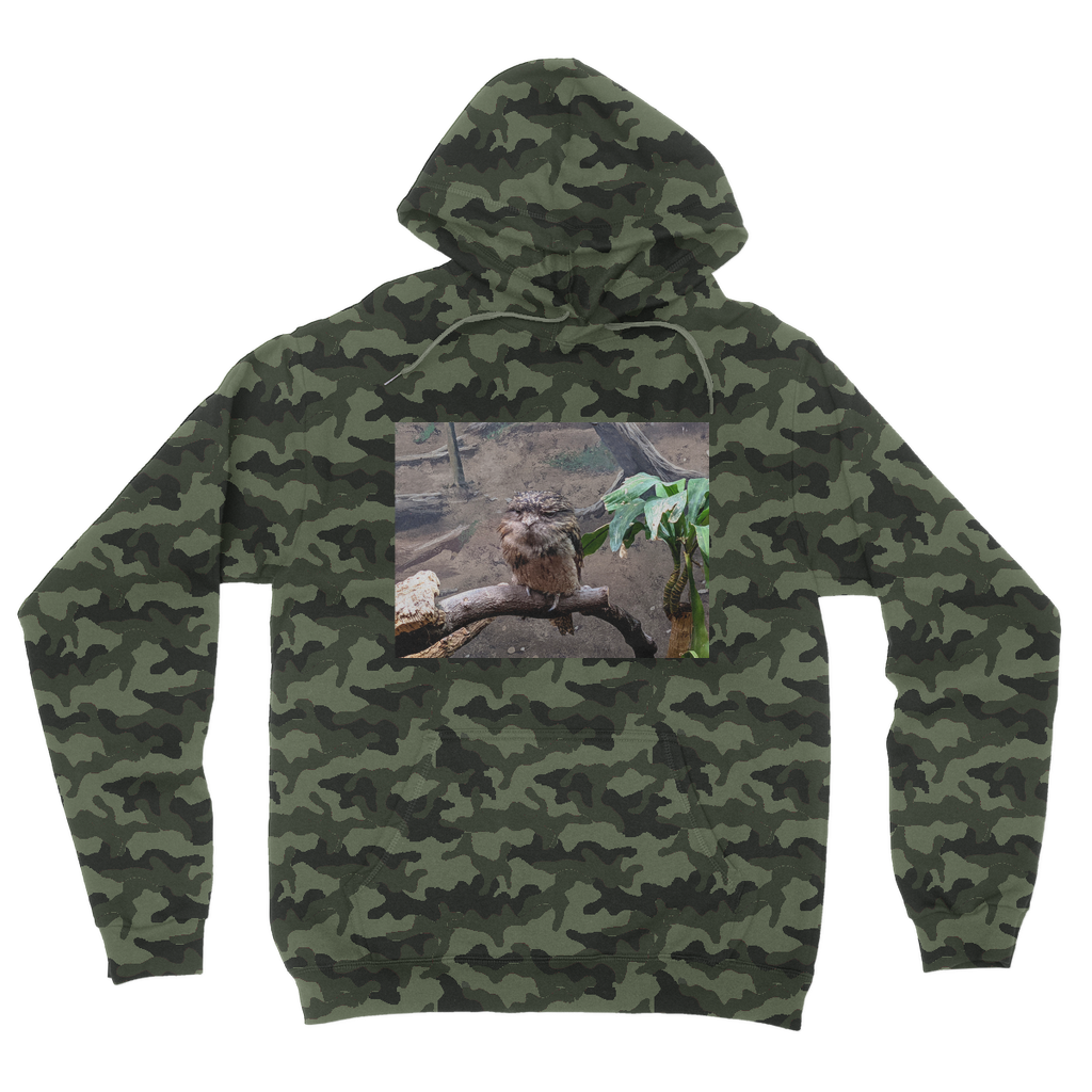 BirdOwl Camouflage Adult Hoodie featuring a classic camo print, kangaroo pouch pocket, and double fabric hood.