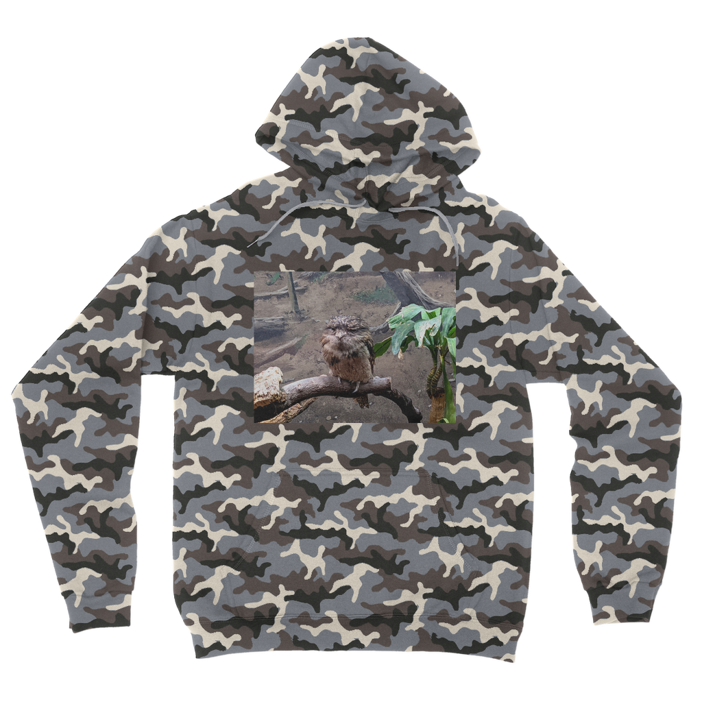 BirdOwl Camouflage Adult Hoodie featuring a classic camo print, kangaroo pouch pocket, and double fabric hood.