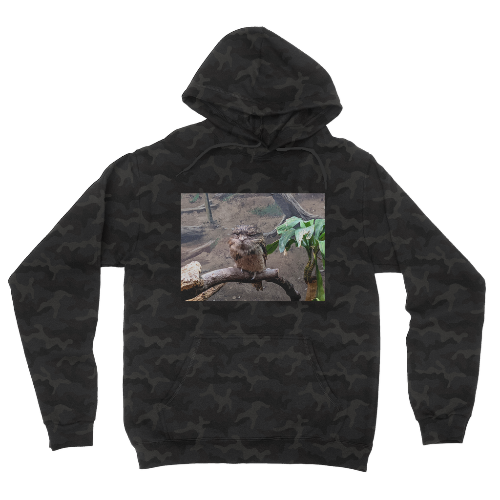 BirdOwl Camouflage Adult Hoodie featuring a classic camo print, kangaroo pouch pocket, and double fabric hood.