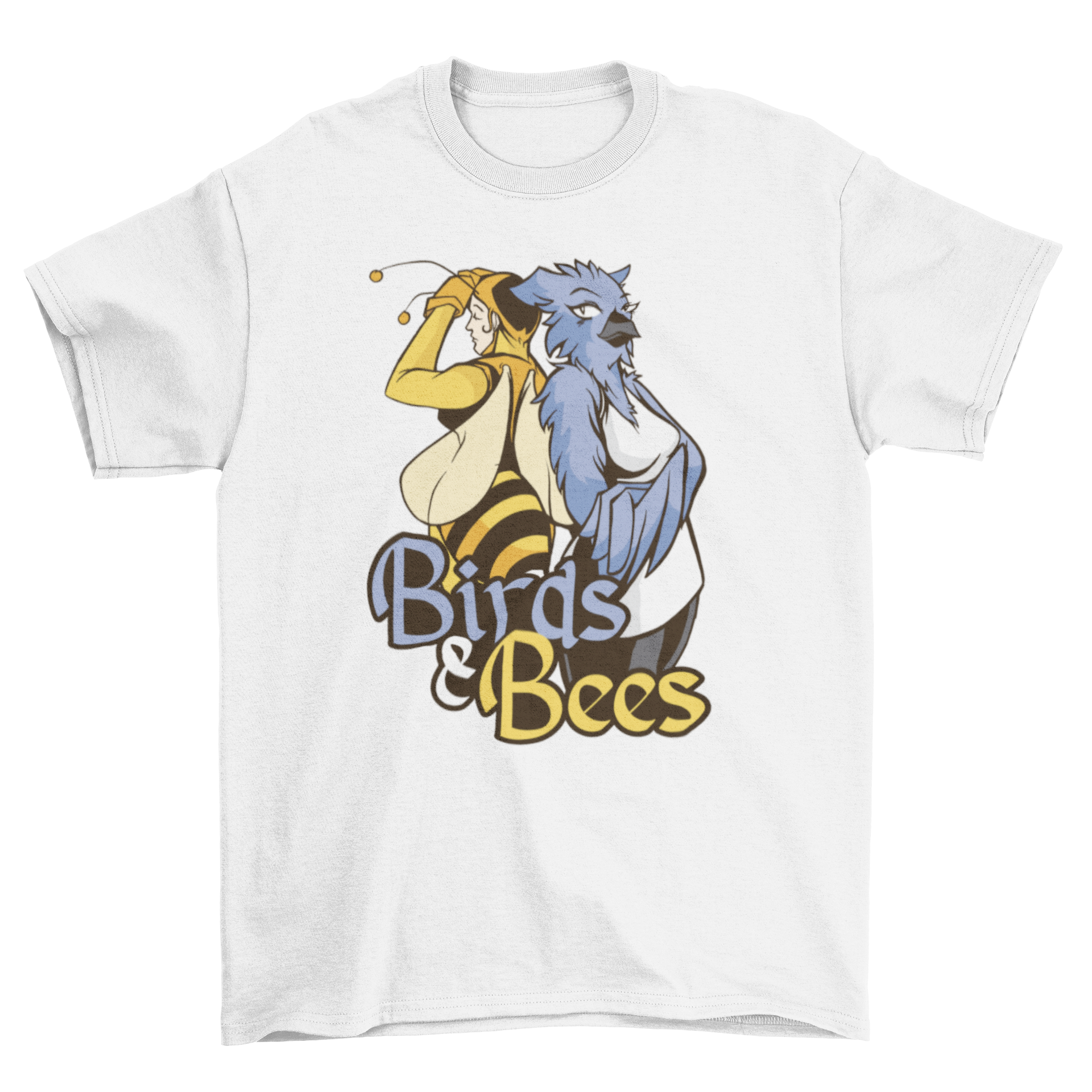 A colorful t-shirt featuring an anthropomorphic bird and bee design, perfect for nature lovers.