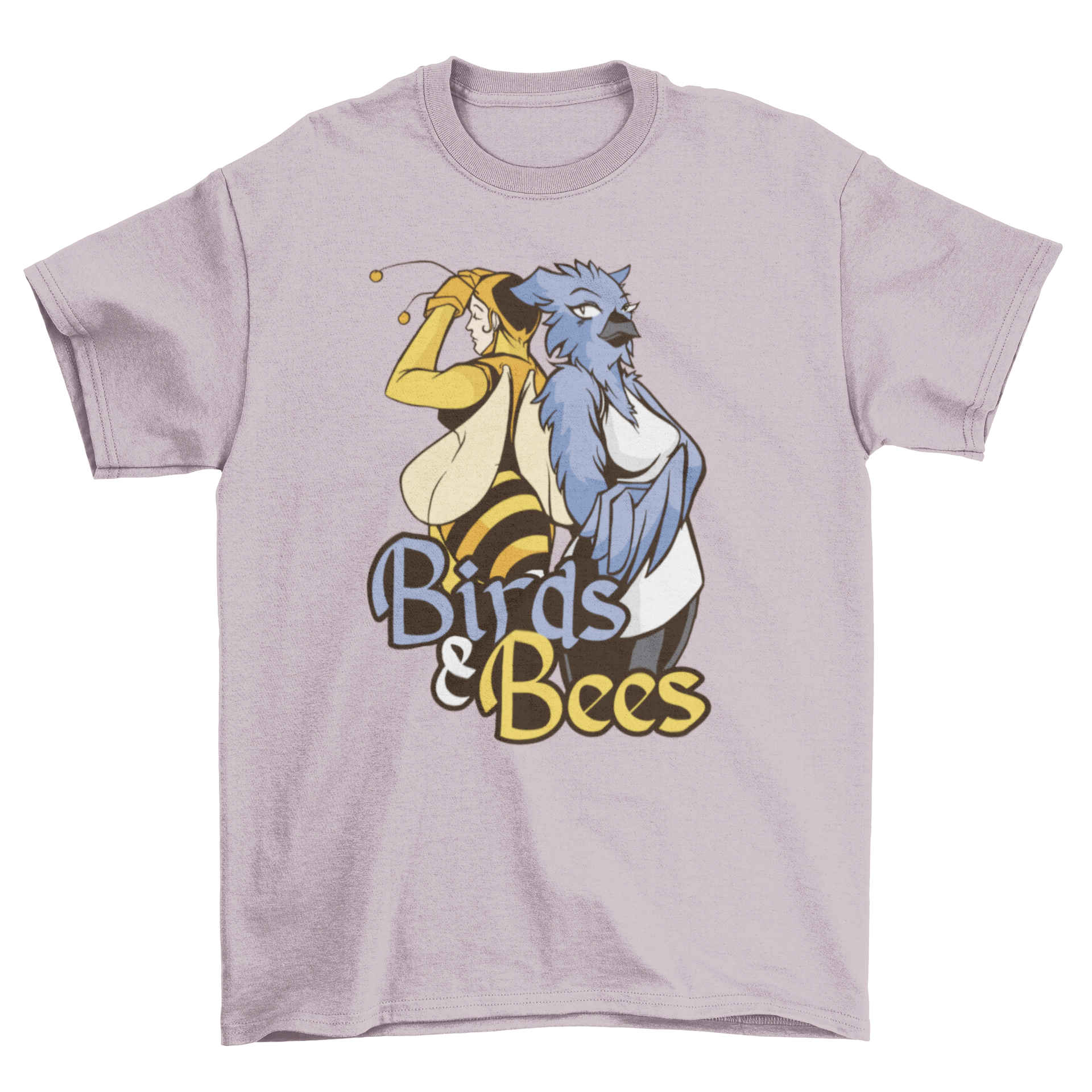 A colorful t-shirt featuring an anthropomorphic bird and bee design, perfect for nature lovers.