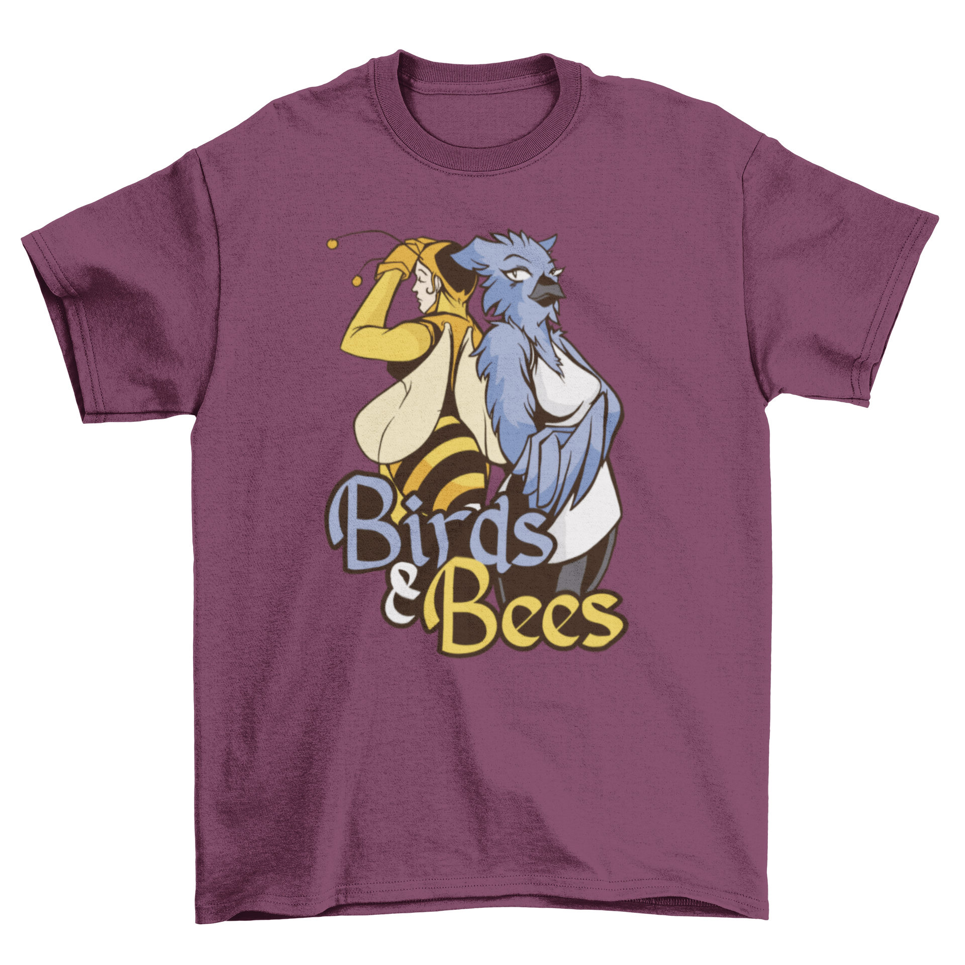 A colorful t-shirt featuring an anthropomorphic bird and bee design, perfect for nature lovers.