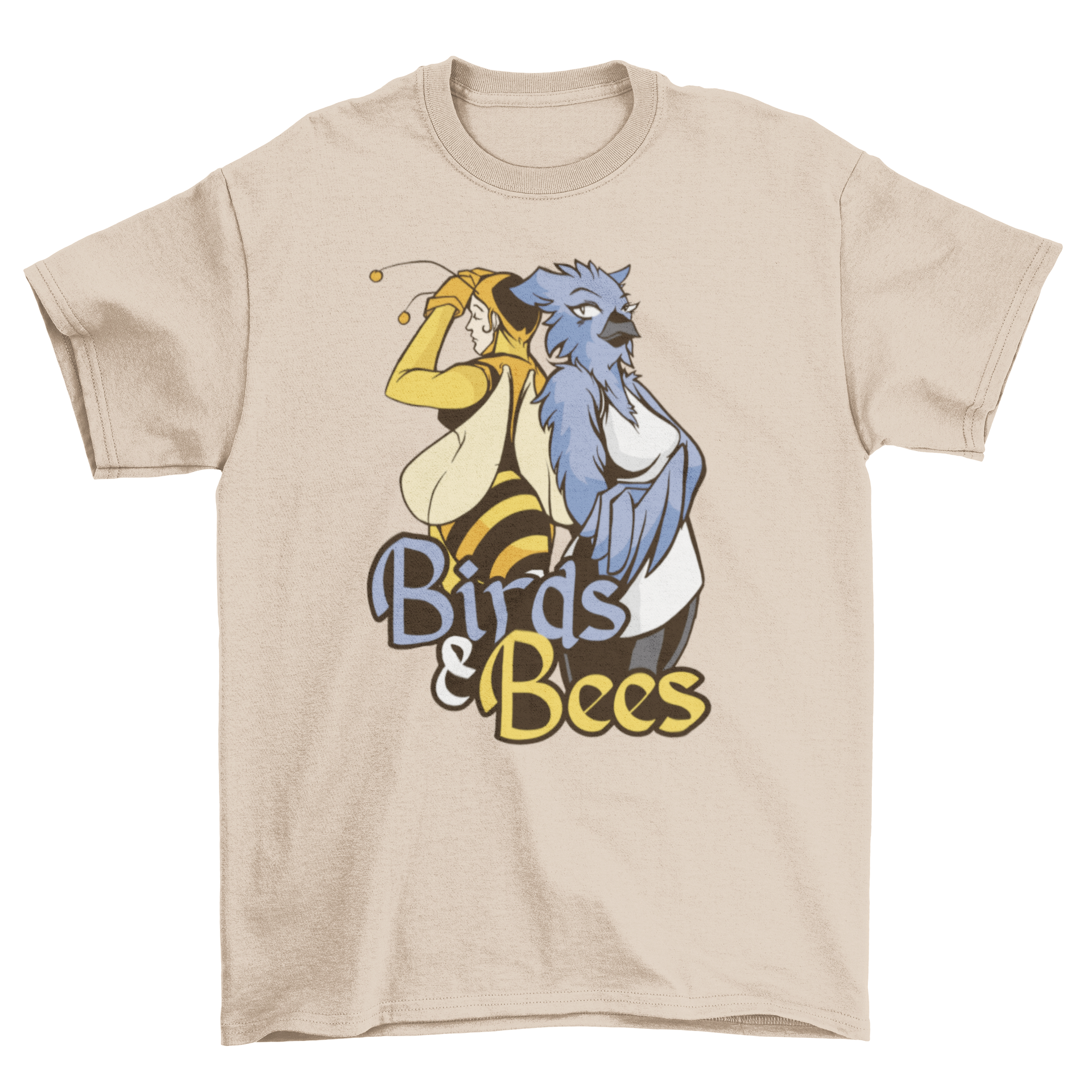 A colorful t-shirt featuring an anthropomorphic bird and bee design, perfect for nature lovers.