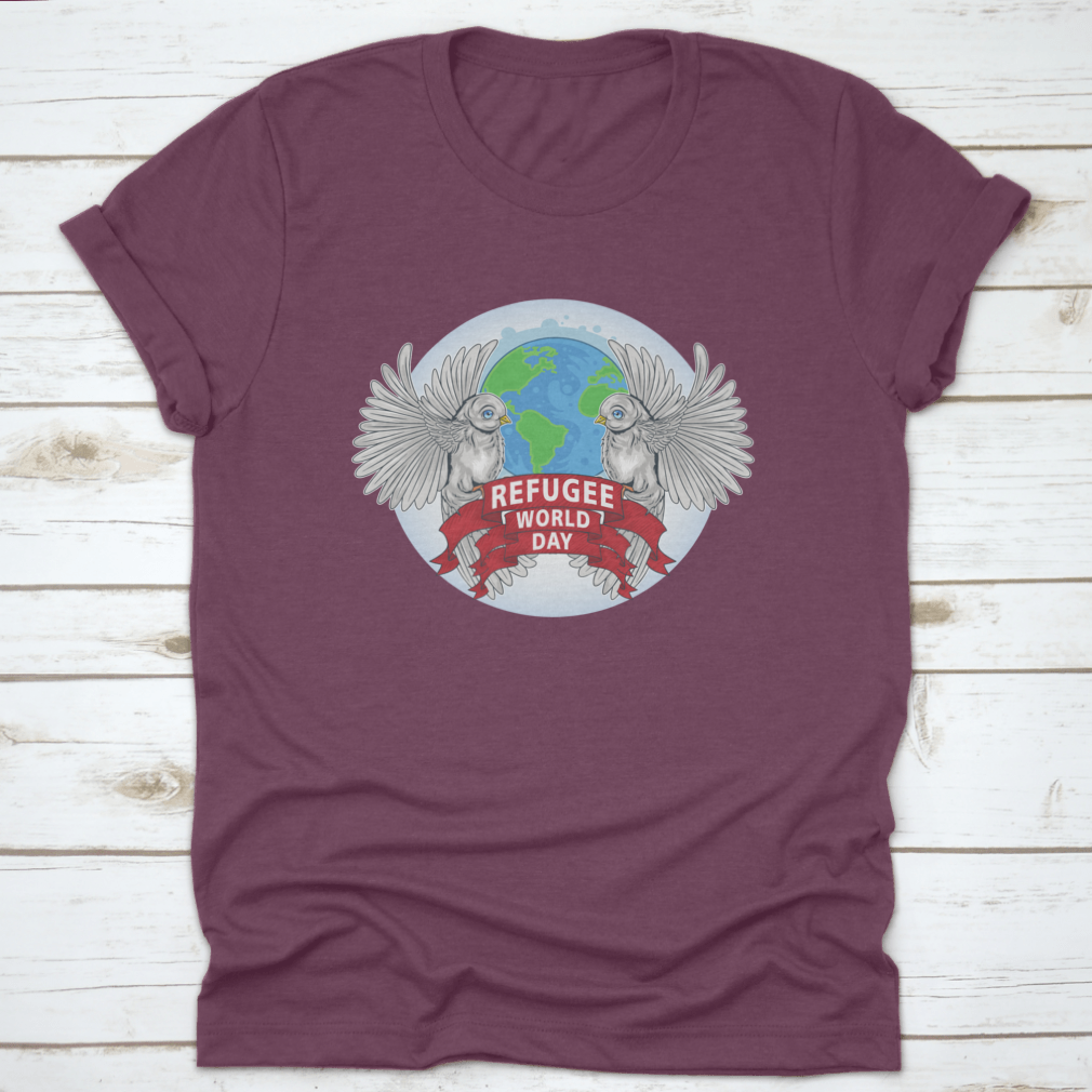 Birds Are Sign Of World Peace T-Shirt featuring the text 'Refugee World', made from 100% cotton with a classic fit.