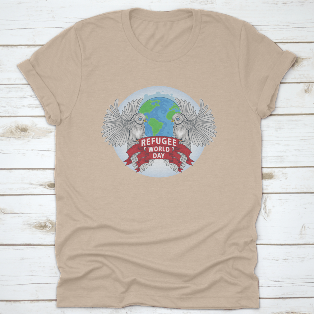 Birds Are Sign Of World Peace T-Shirt featuring the text 'Refugee World', made from 100% cotton with a classic fit.