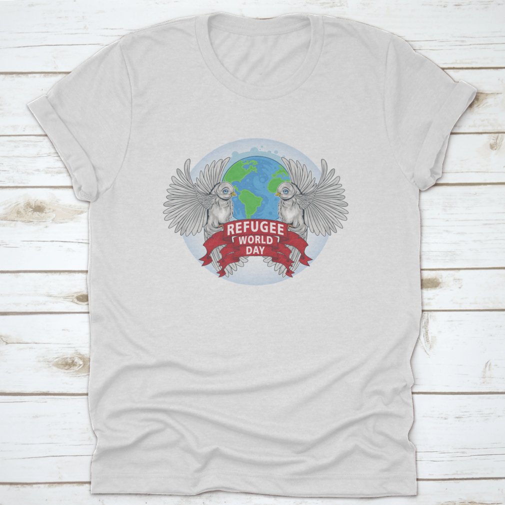 Birds Are Sign Of World Peace T-Shirt featuring the text 'Refugee World', made from 100% cotton with a classic fit.