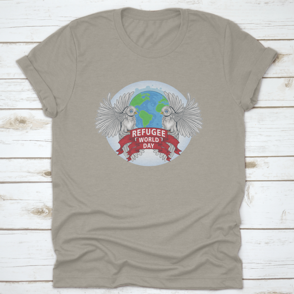 Birds Are Sign Of World Peace T-Shirt featuring the text 'Refugee World', made from 100% cotton with a classic fit.