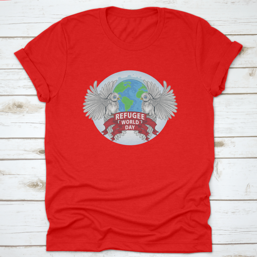 Birds Are Sign Of World Peace T-Shirt featuring the text 'Refugee World', made from 100% cotton with a classic fit.