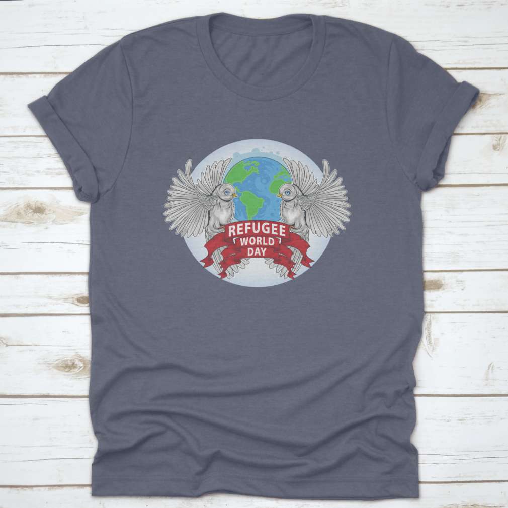 Birds Are Sign Of World Peace T-Shirt featuring the text 'Refugee World', made from 100% cotton with a classic fit.