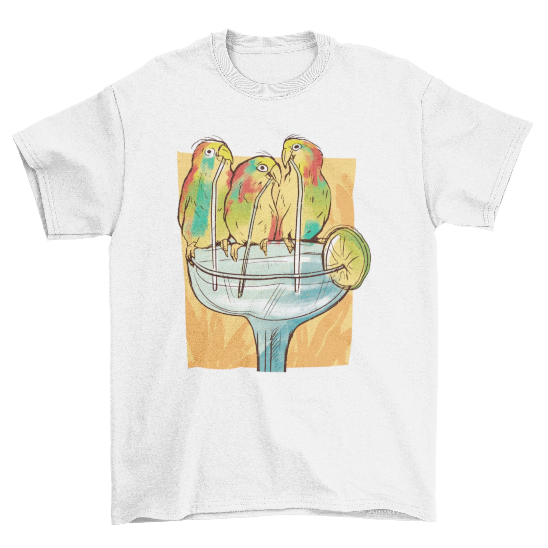 A colorful t-shirt featuring three cheerful birds drinking margaritas, perfect for casual wear.