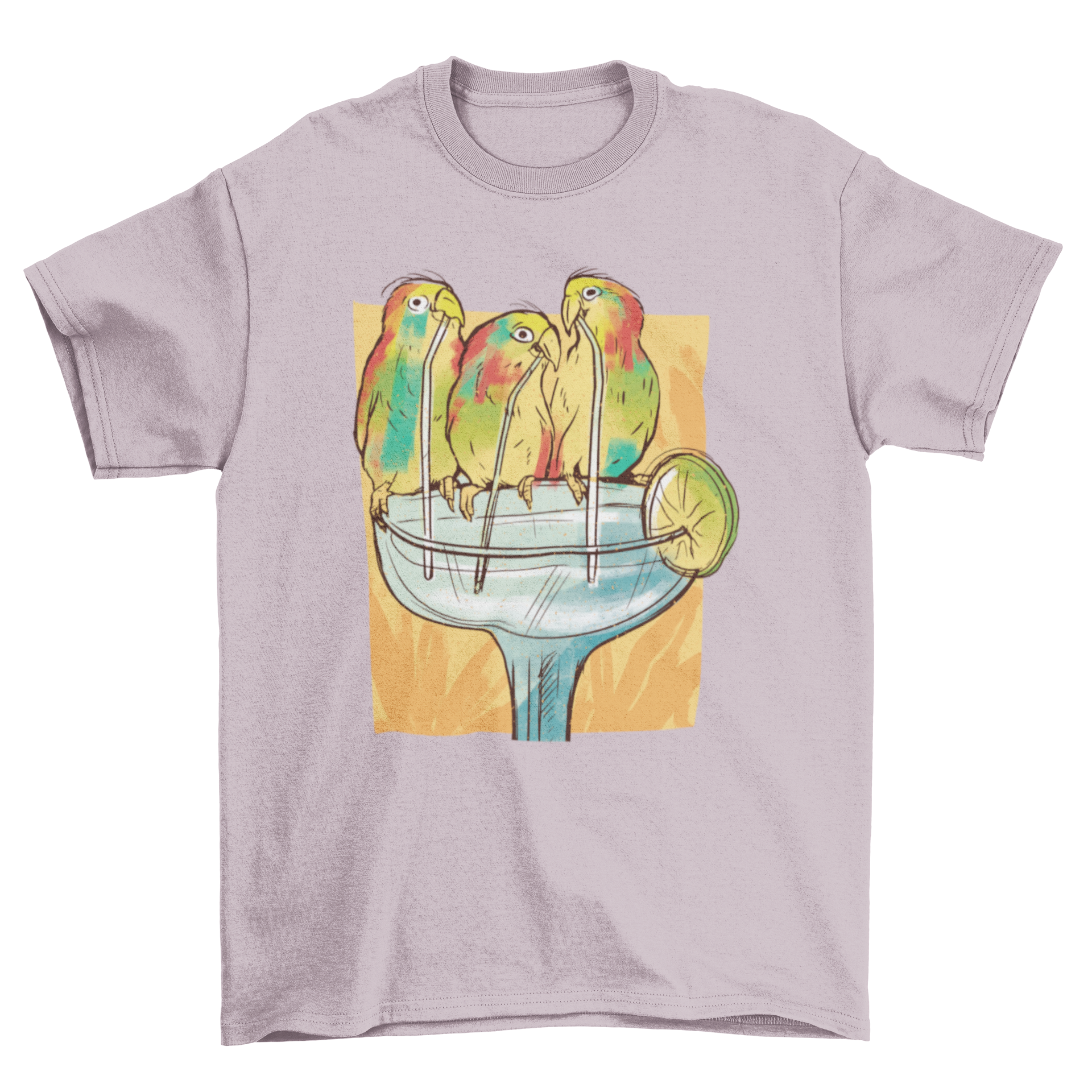 A colorful t-shirt featuring three cheerful birds drinking margaritas, perfect for casual wear.