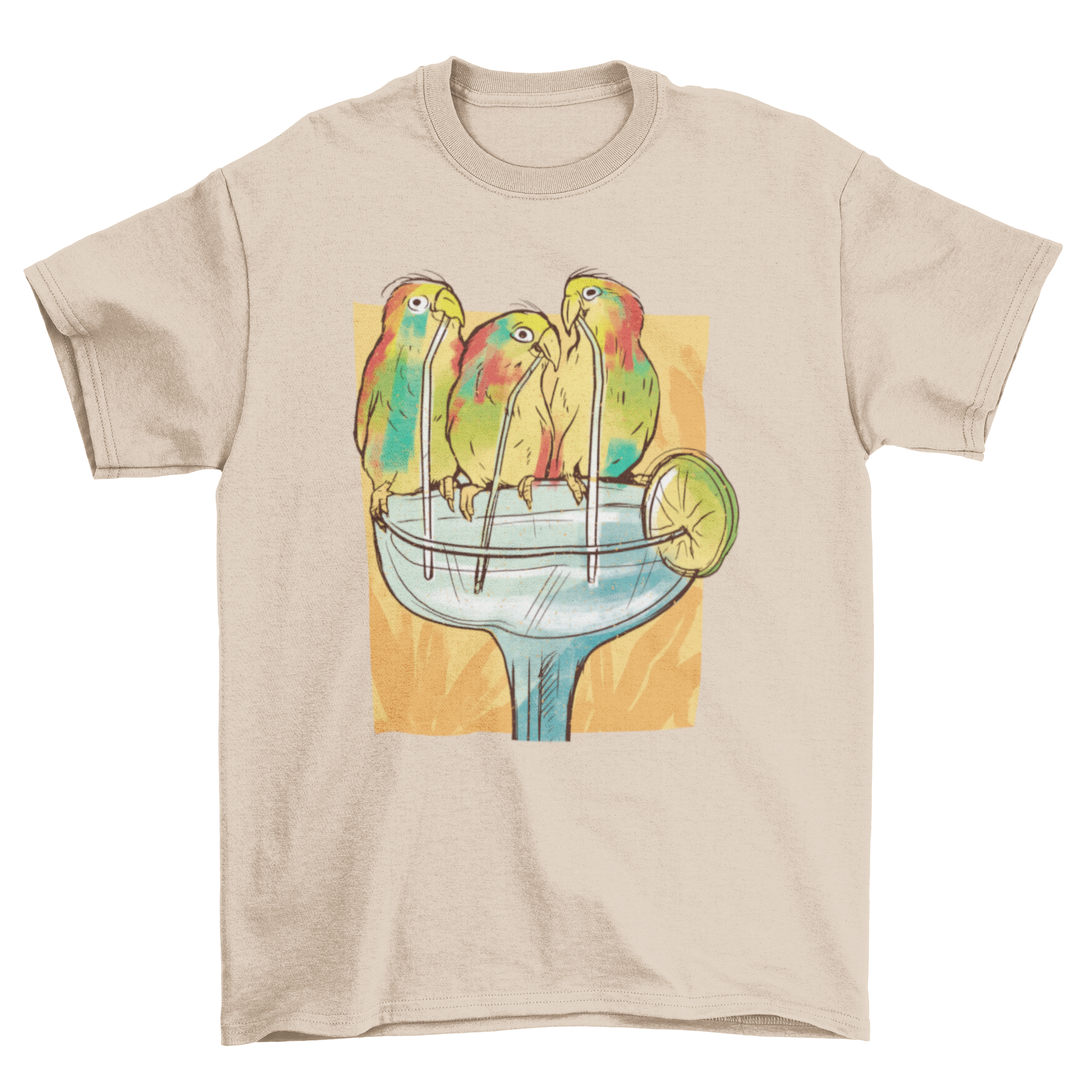 A colorful t-shirt featuring three cheerful birds drinking margaritas, perfect for casual wear.