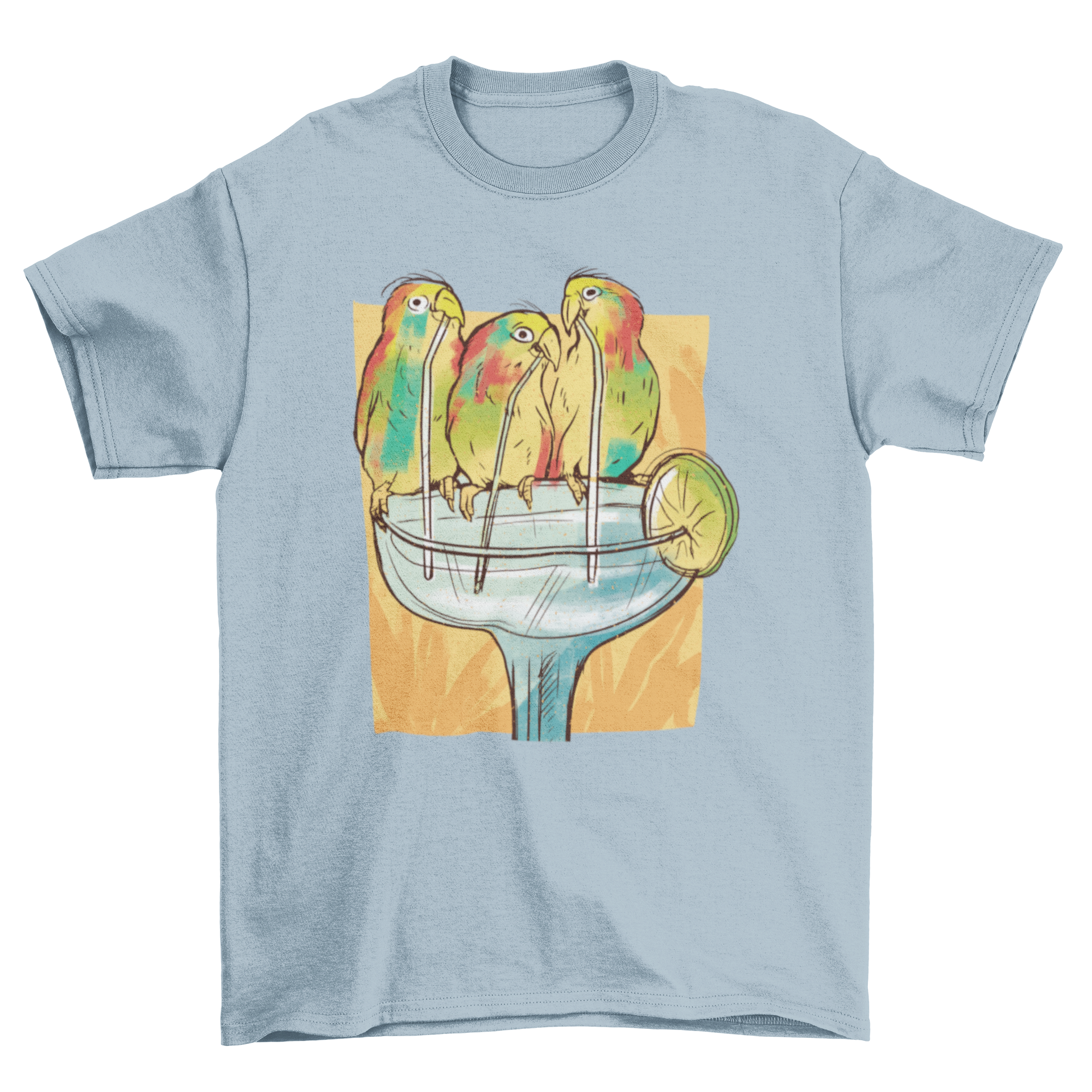 A colorful t-shirt featuring three cheerful birds drinking margaritas, perfect for casual wear.