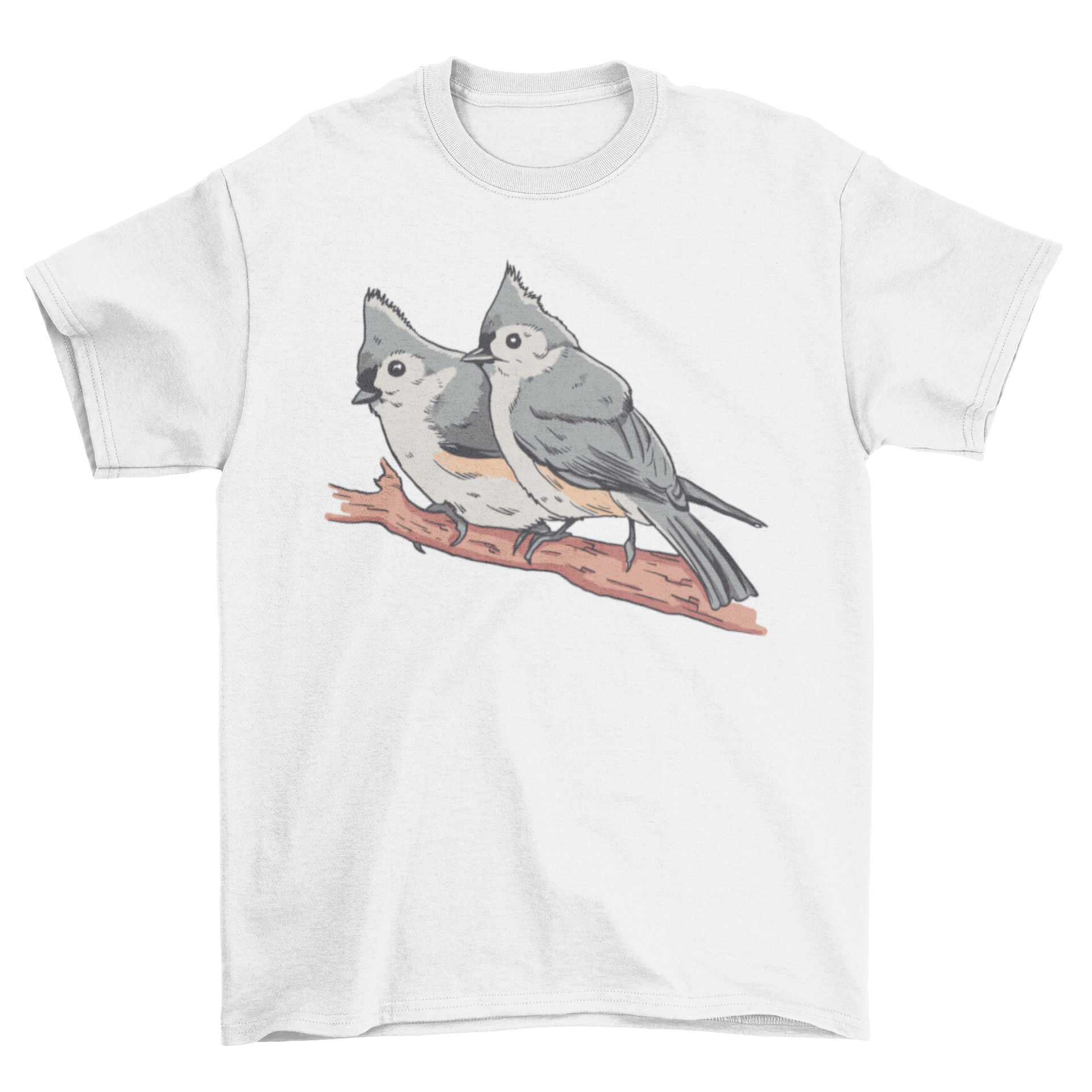 A cute t-shirt featuring two tufted titmouses on a branch, showcasing a vibrant and detailed design.