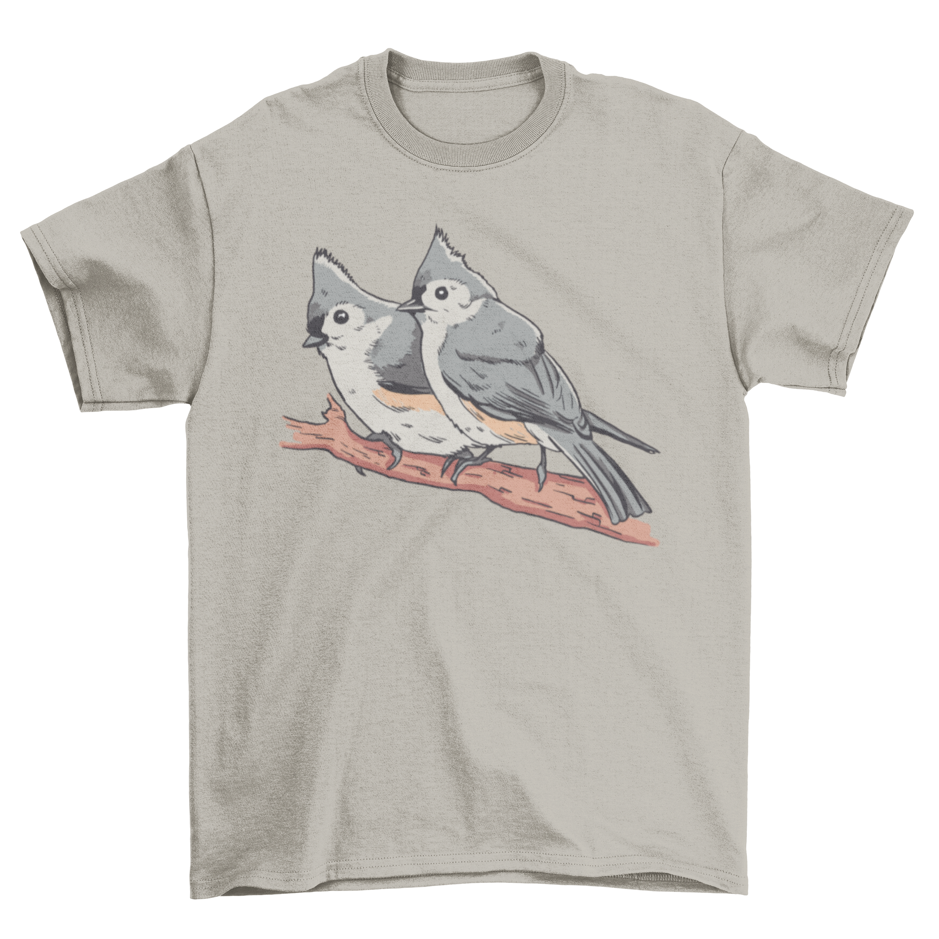 A cute t-shirt featuring two tufted titmouses on a branch, showcasing a vibrant and detailed design.