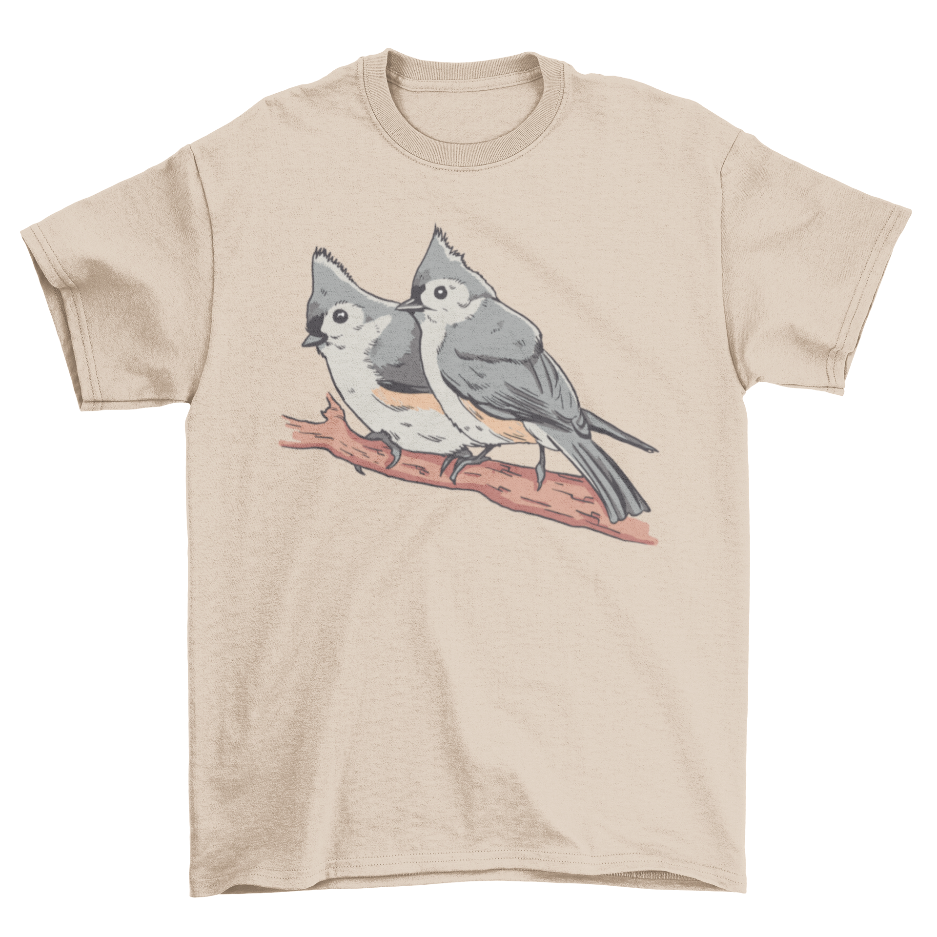 A cute t-shirt featuring two tufted titmouses on a branch, showcasing a vibrant and detailed design.