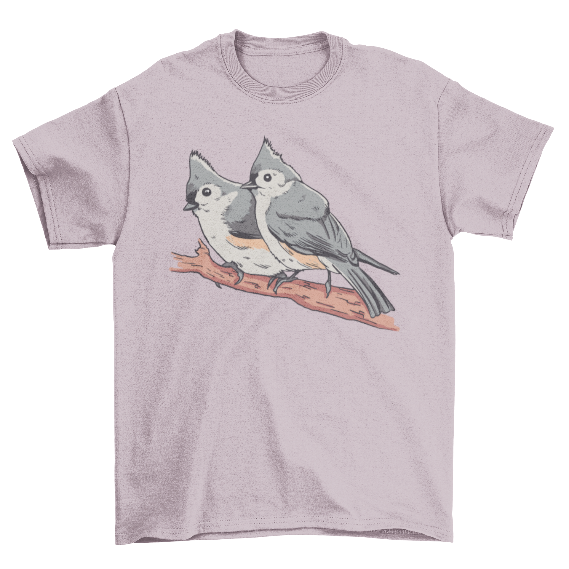 A cute t-shirt featuring two tufted titmouses on a branch, showcasing a vibrant and detailed design.