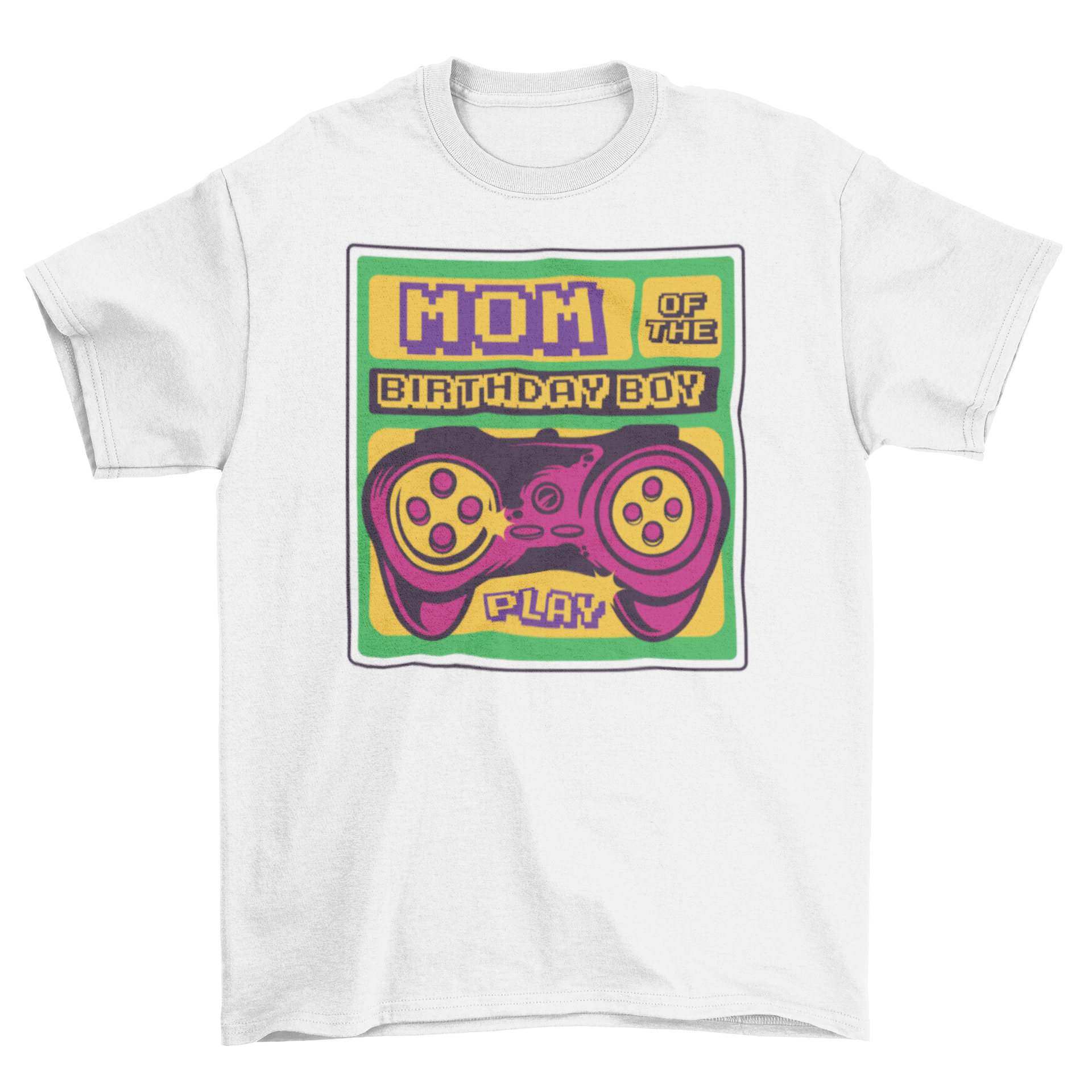 Birthday Boy Mom T-shirt featuring retro design and controller graphic, perfect for celebrating a son's birthday.