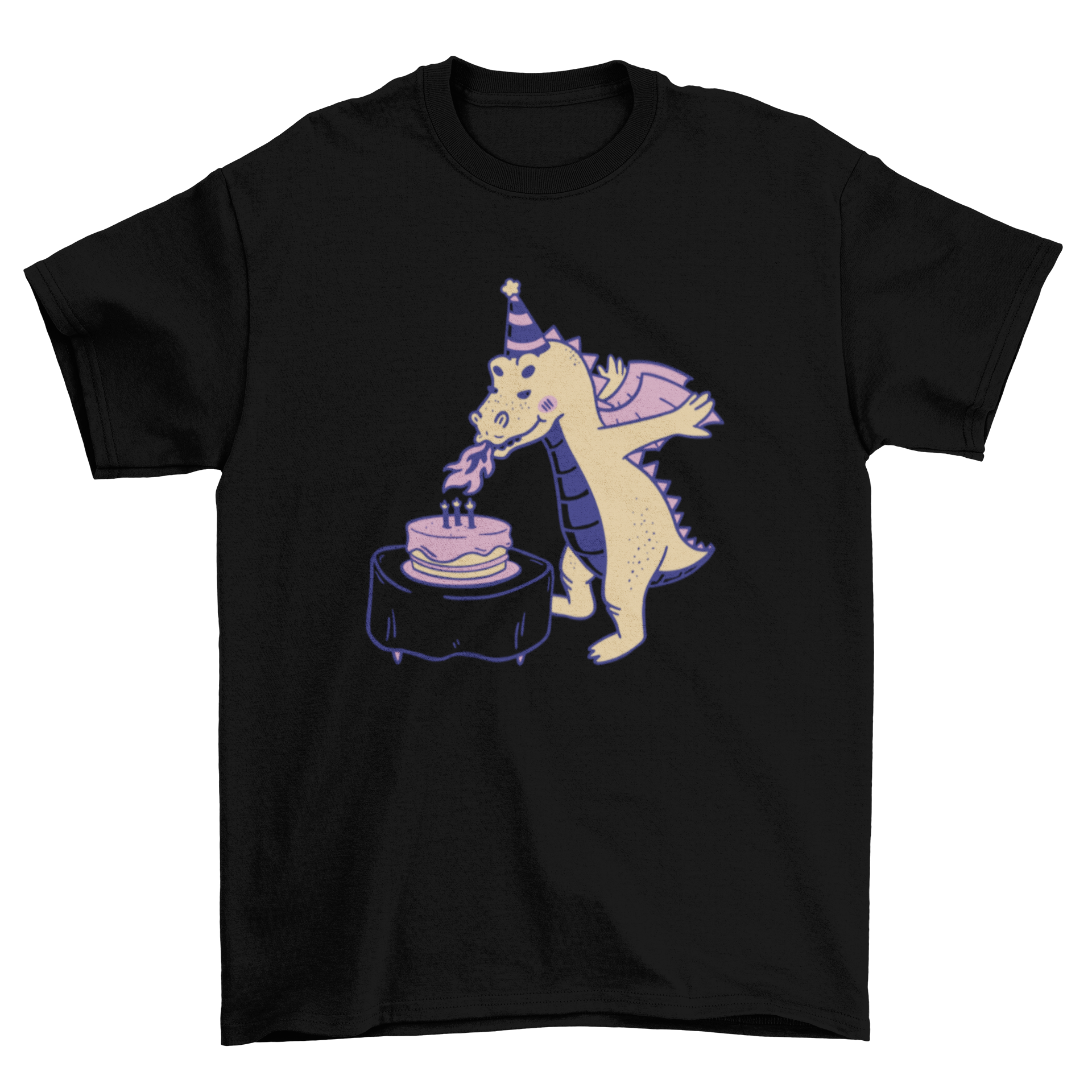 A colorful cartoon t-shirt featuring a dragon blowing out birthday candles, perfect for celebrations.