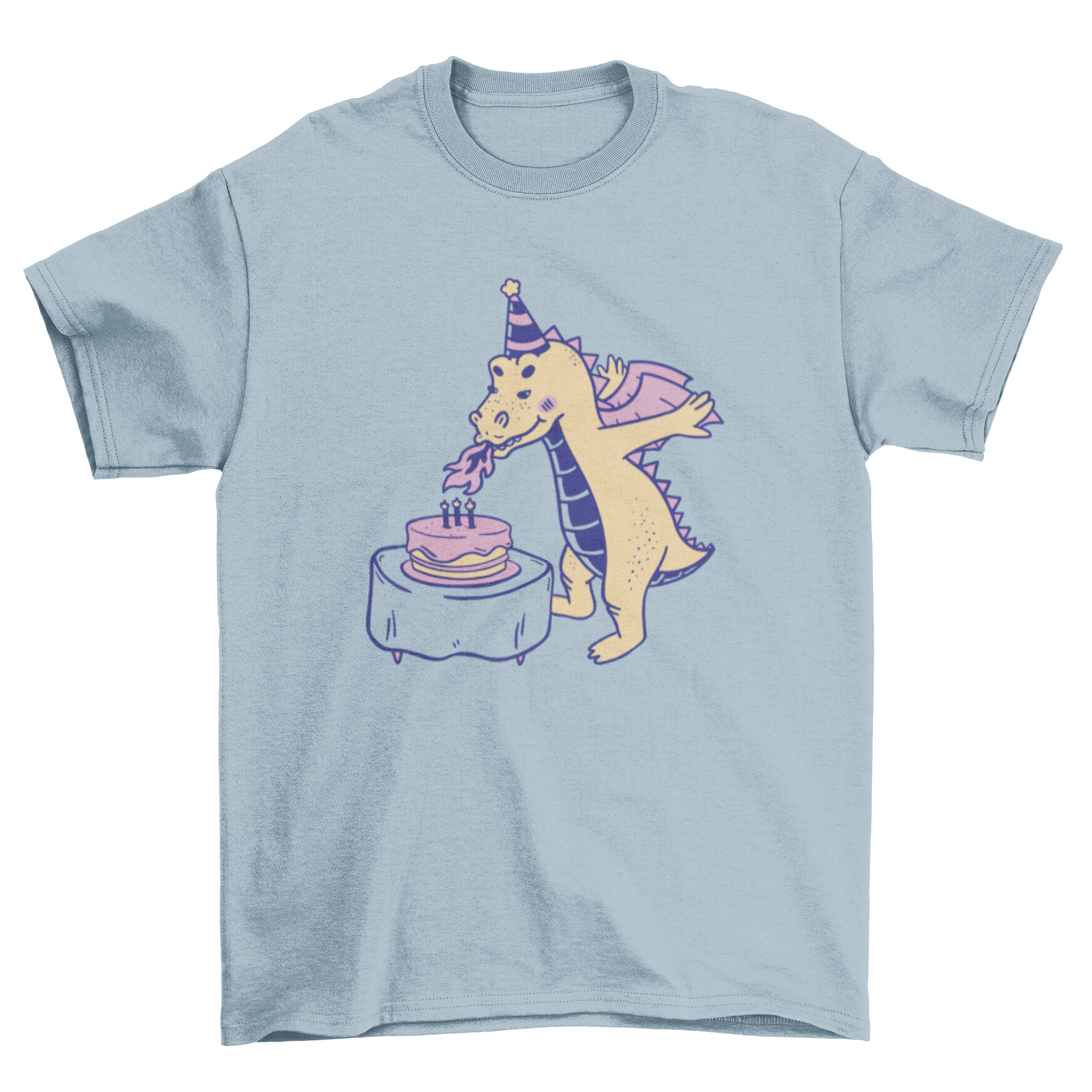 A colorful cartoon t-shirt featuring a dragon blowing out birthday candles, perfect for celebrations.