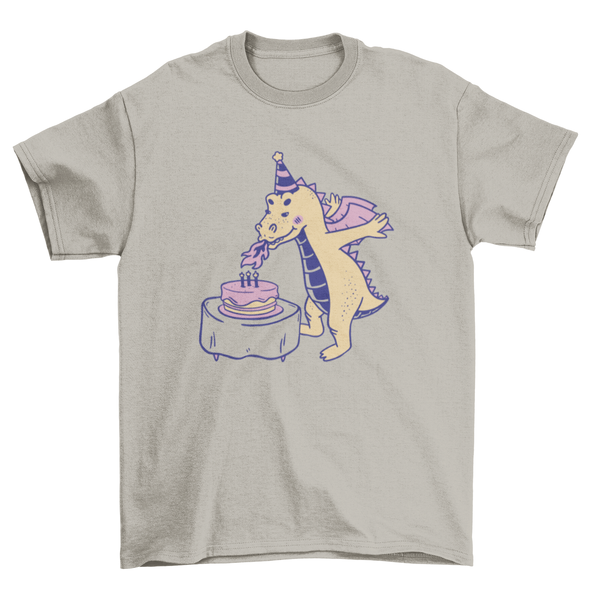 A colorful cartoon t-shirt featuring a dragon blowing out birthday candles, perfect for celebrations.