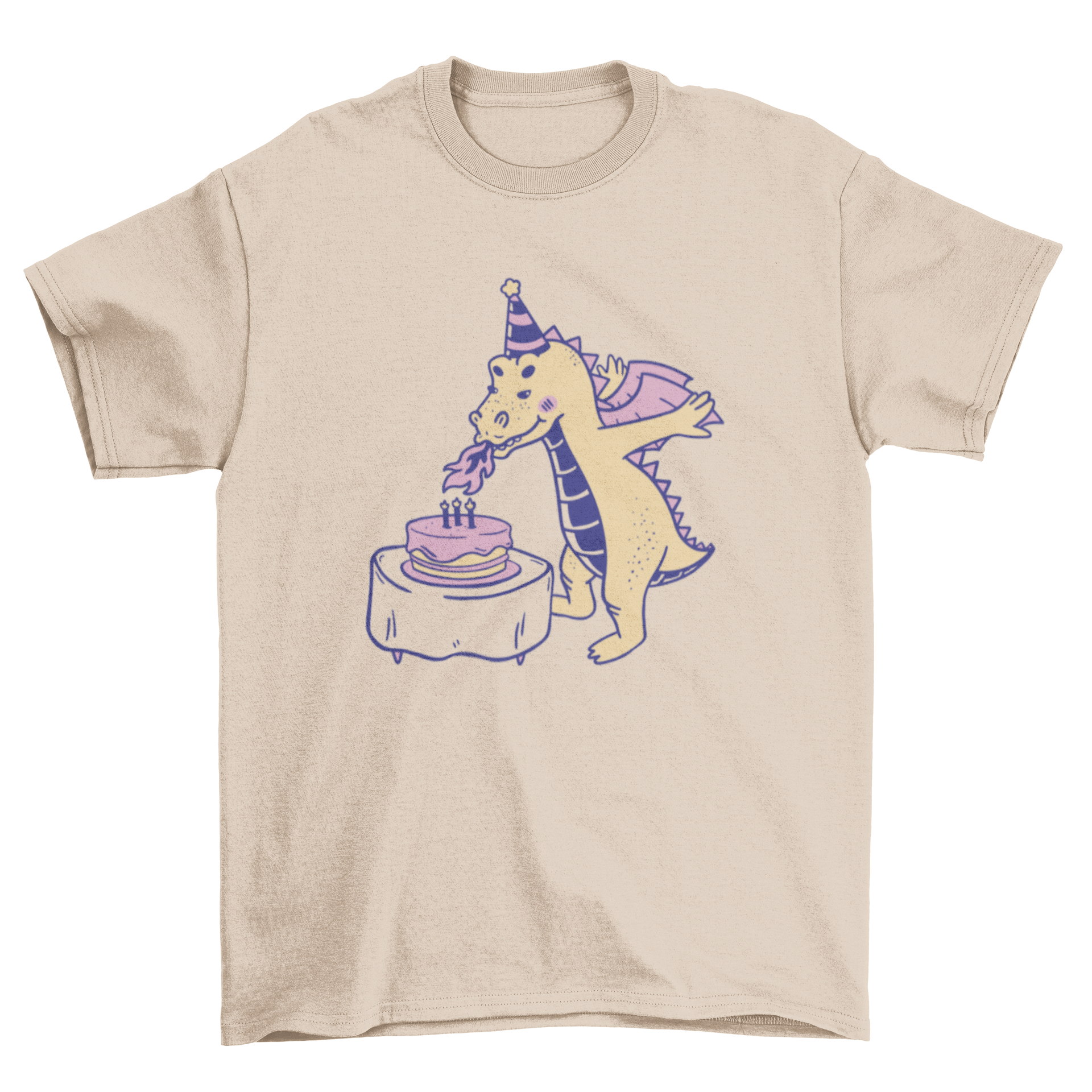 A colorful cartoon t-shirt featuring a dragon blowing out birthday candles, perfect for celebrations.