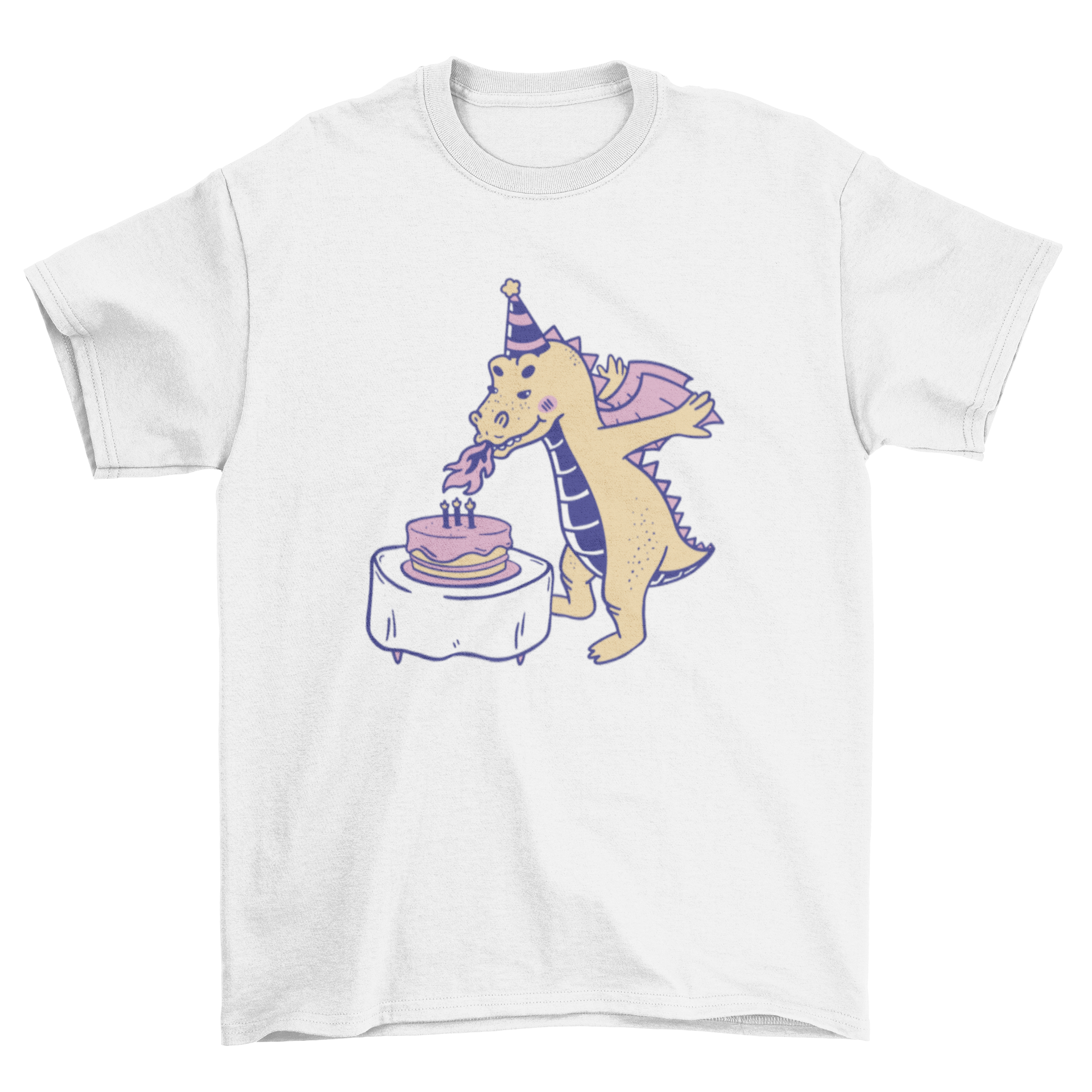 A colorful cartoon t-shirt featuring a dragon blowing out birthday candles, perfect for celebrations.