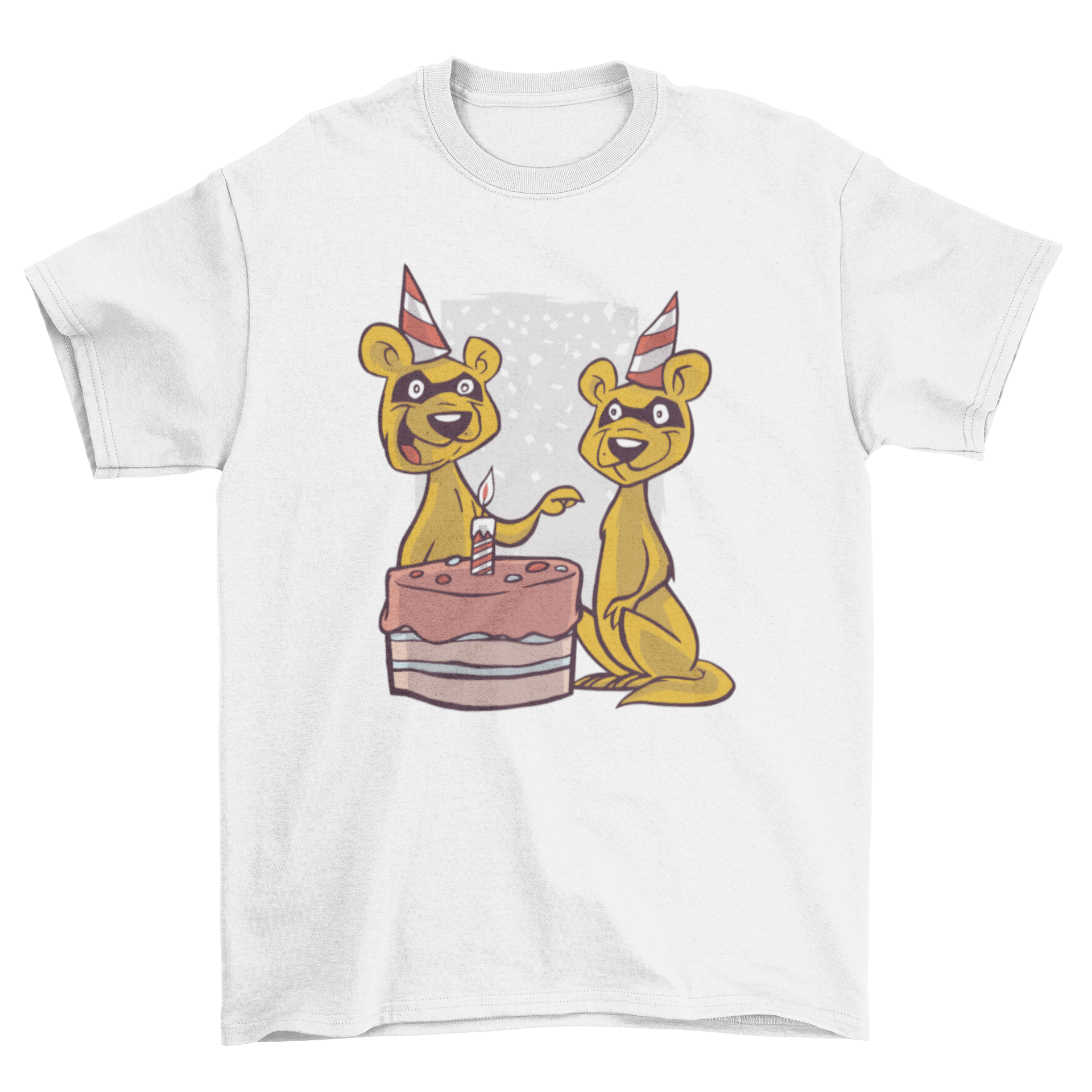 A playful Birthday Ferret T-shirt featuring two cute ferrets with a birthday cake and colorful decorations.