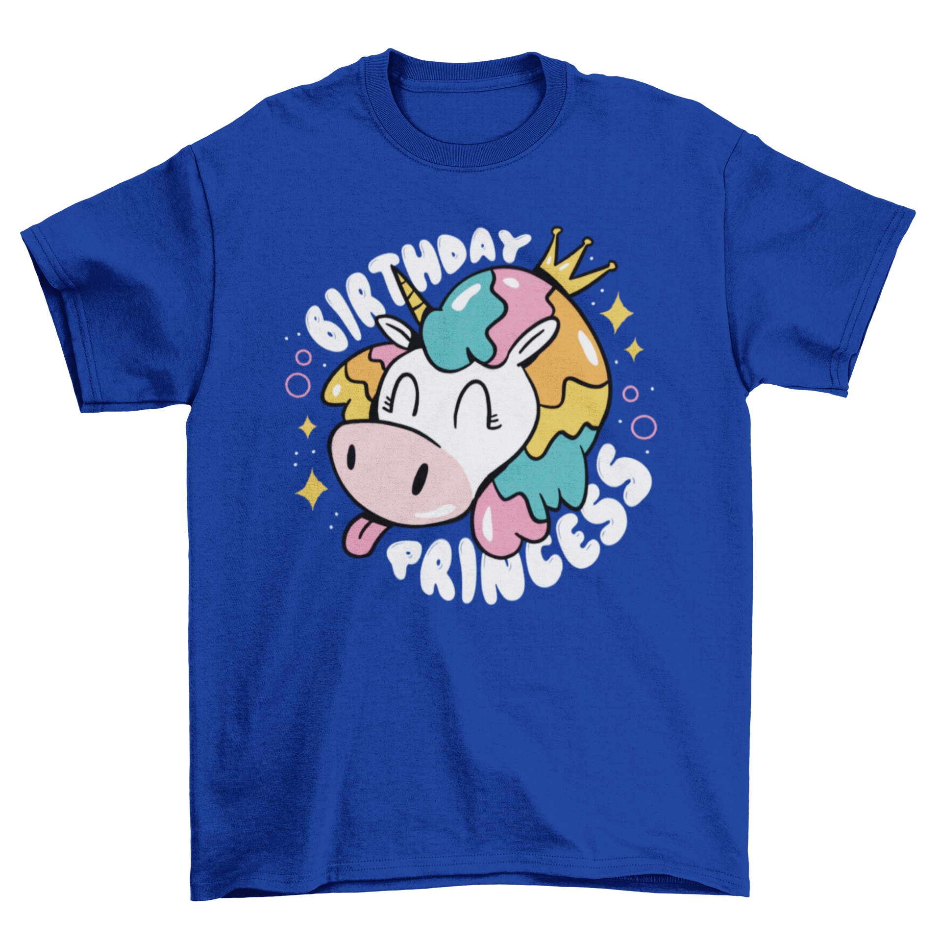 A cute t-shirt featuring a cartoon unicorn wearing a crown with the text 'Birthday Princess' for young girls.