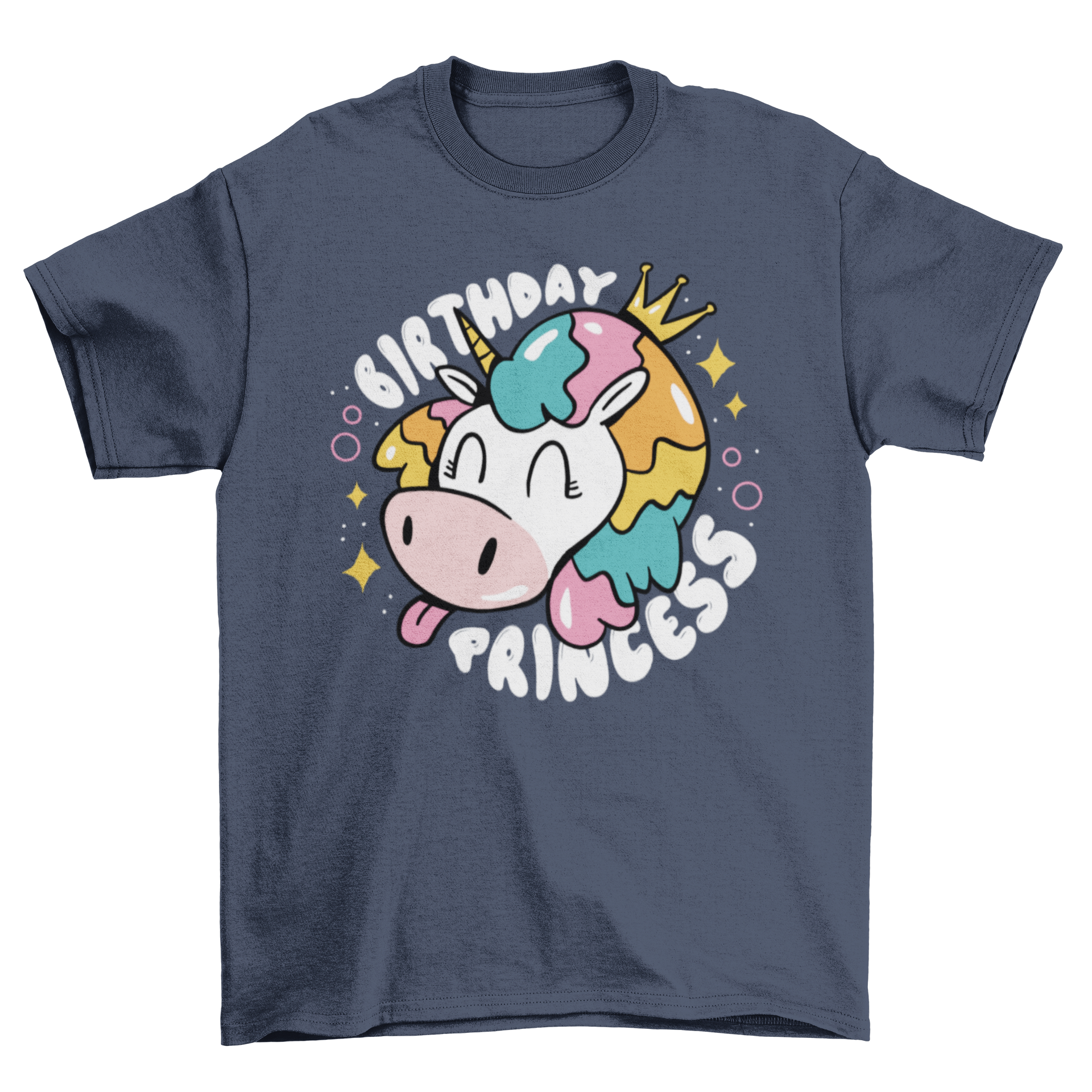 A cute t-shirt featuring a cartoon unicorn wearing a crown with the text 'Birthday Princess' for young girls.