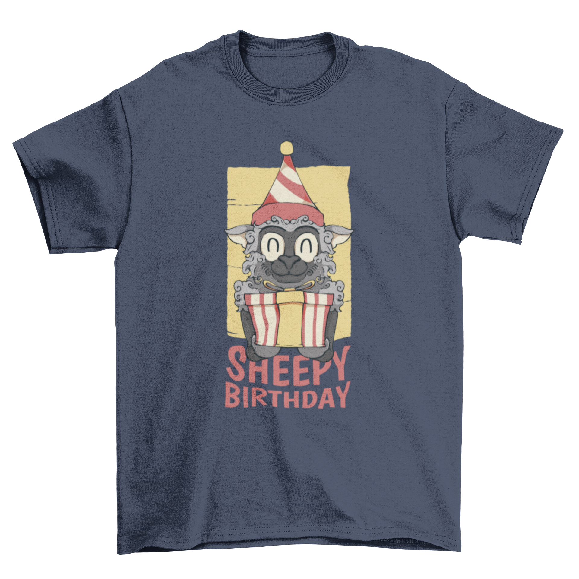 A colorful t-shirt featuring a cute sheep holding a present with the text 'Sheepy birthday'.