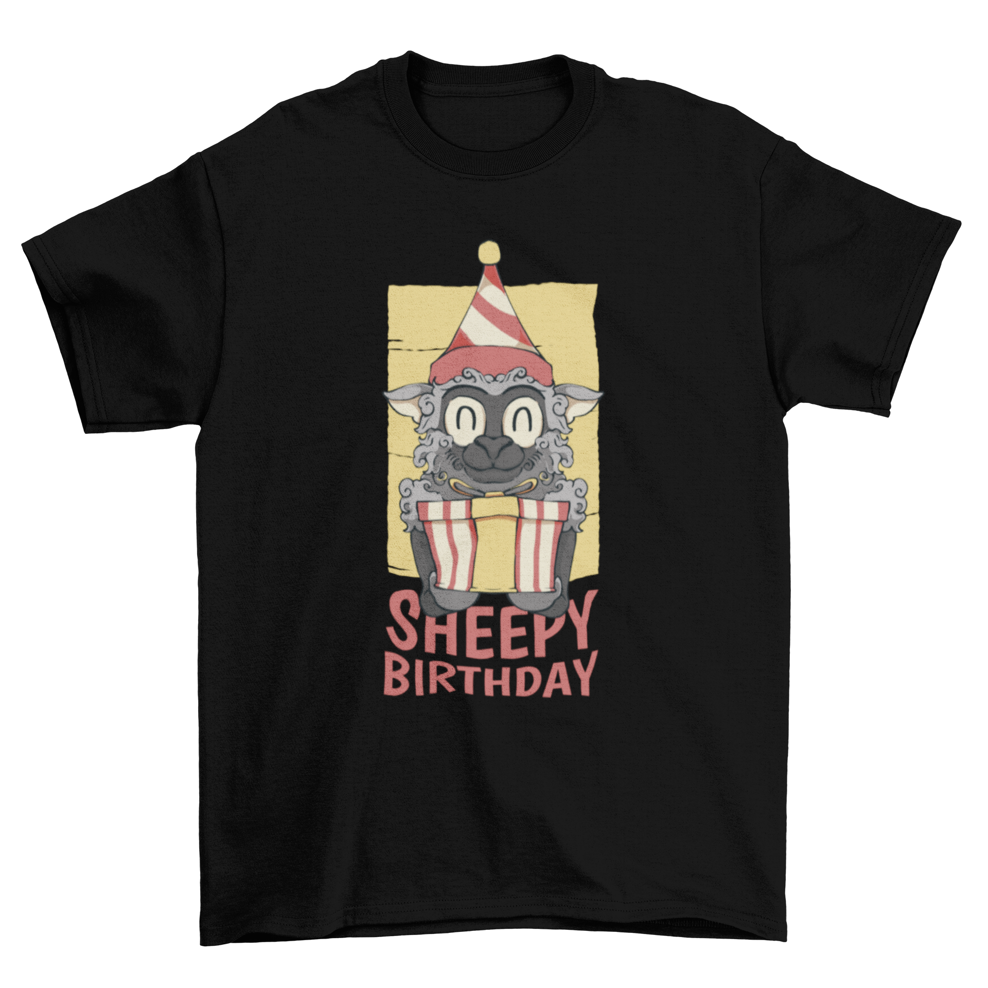 A colorful t-shirt featuring a cute sheep holding a present with the text 'Sheepy birthday'.