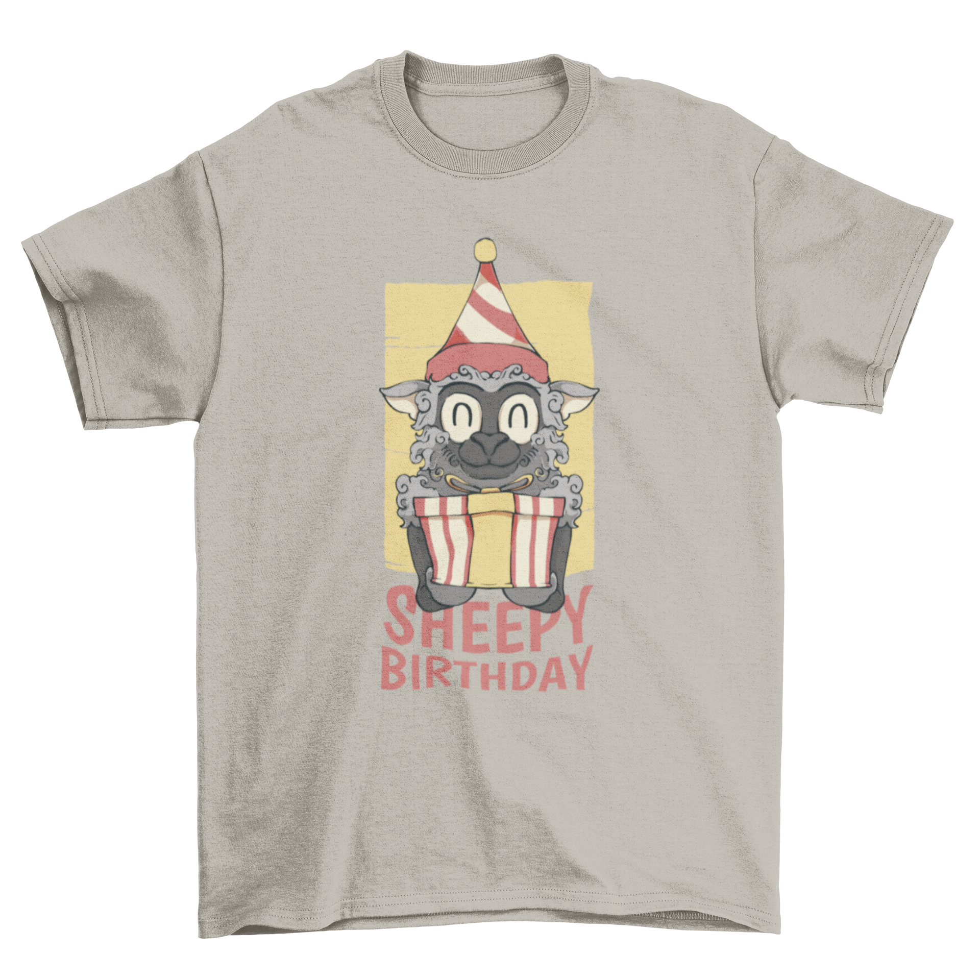 A colorful t-shirt featuring a cute sheep holding a present with the text 'Sheepy birthday'.