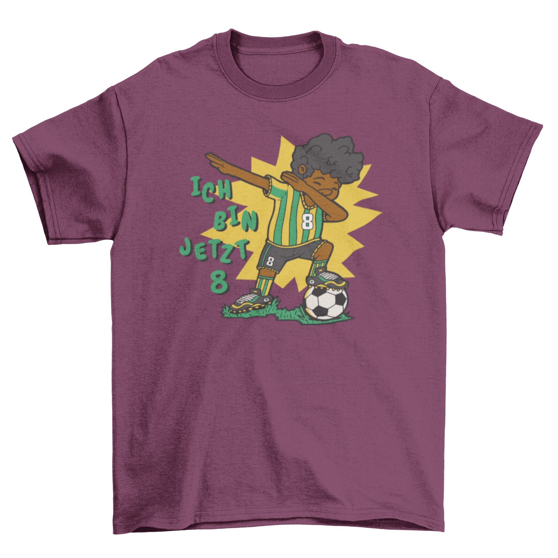 A colorful t-shirt featuring a boy dabbing with a soccer ball, and the German text 'I am now 8'.