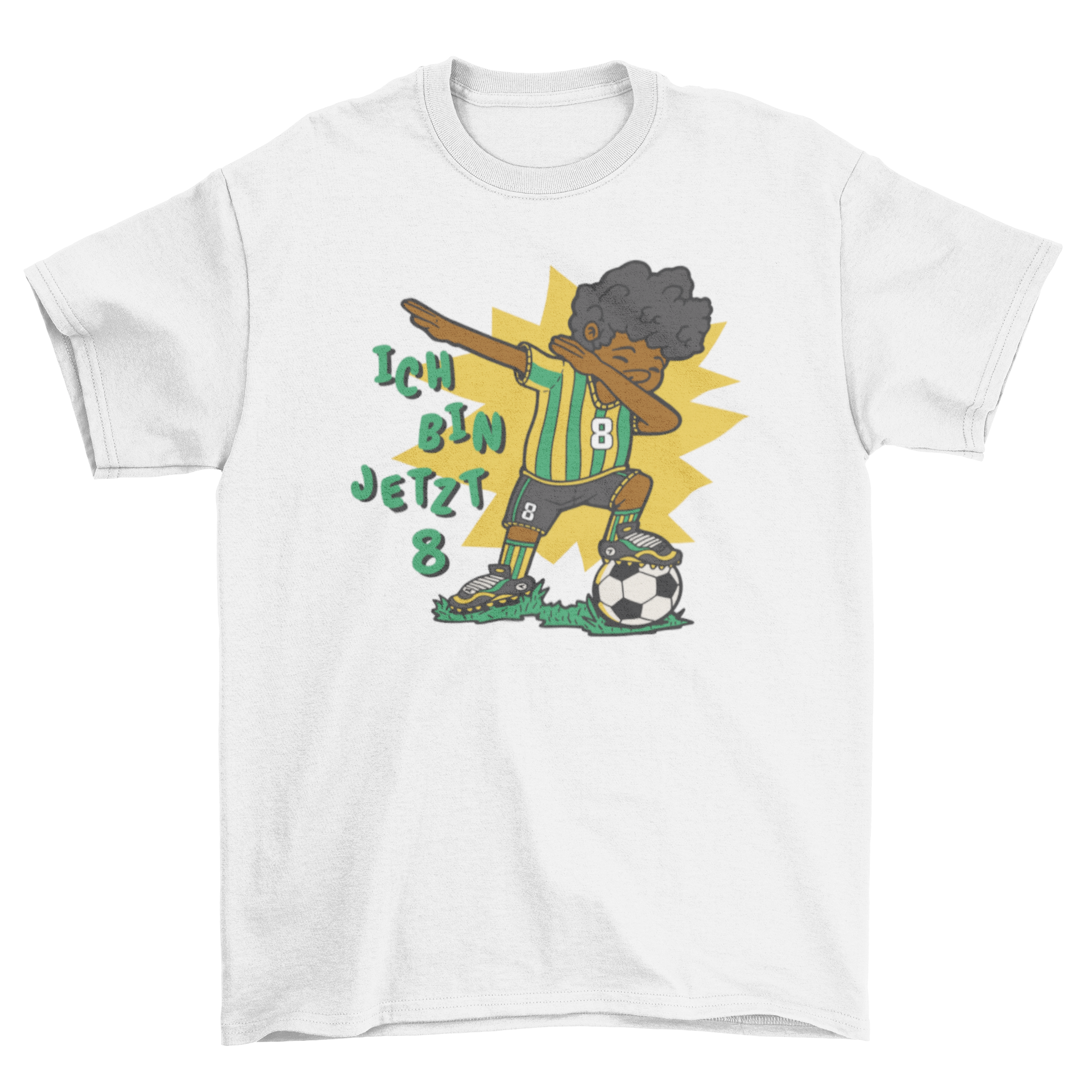 A colorful t-shirt featuring a boy dabbing with a soccer ball, and the German text 'I am now 8'.