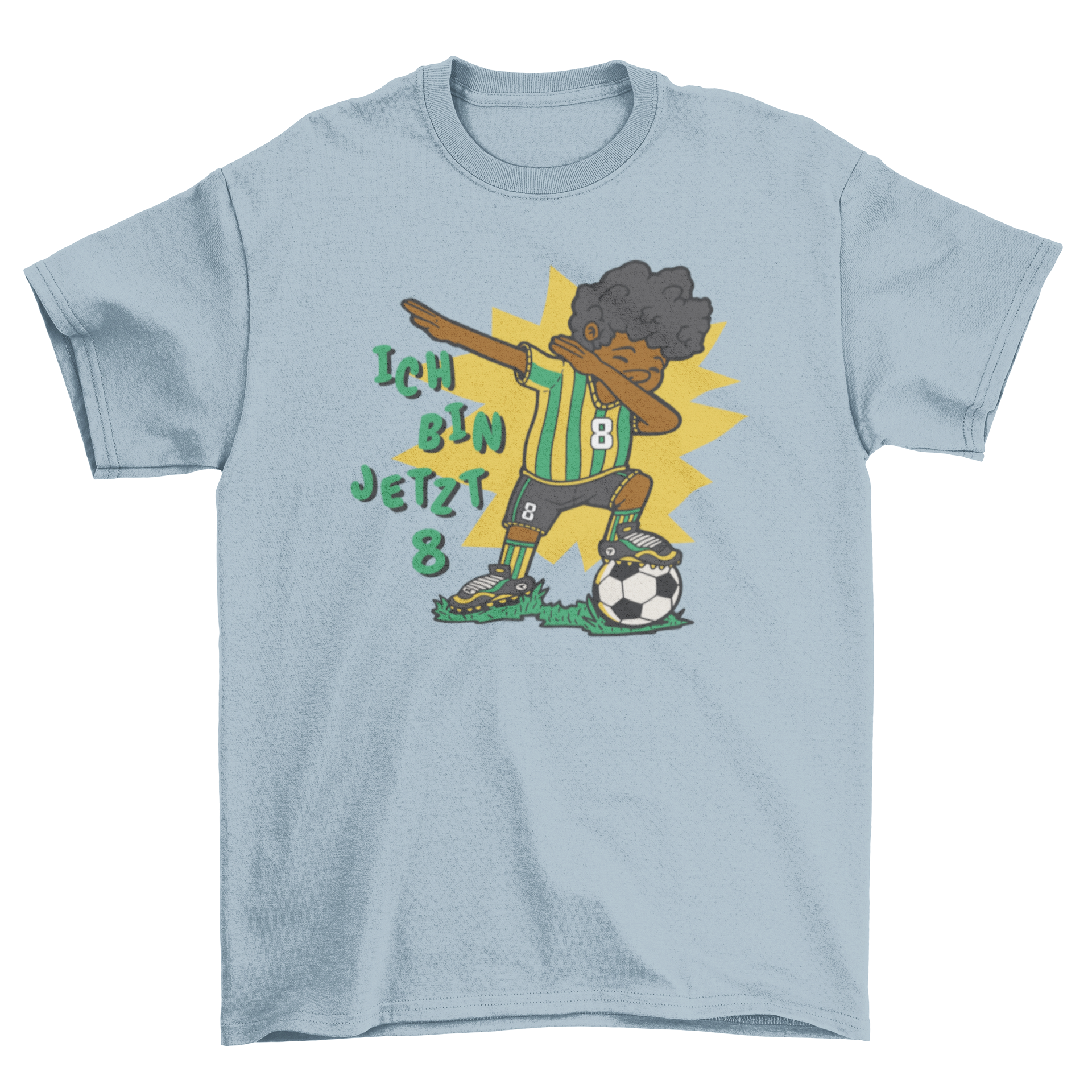 A colorful t-shirt featuring a boy dabbing with a soccer ball, and the German text 'I am now 8'.