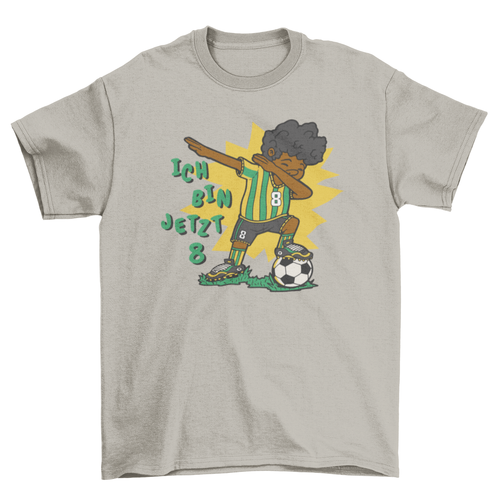 A colorful t-shirt featuring a boy dabbing with a soccer ball, and the German text 'I am now 8'.